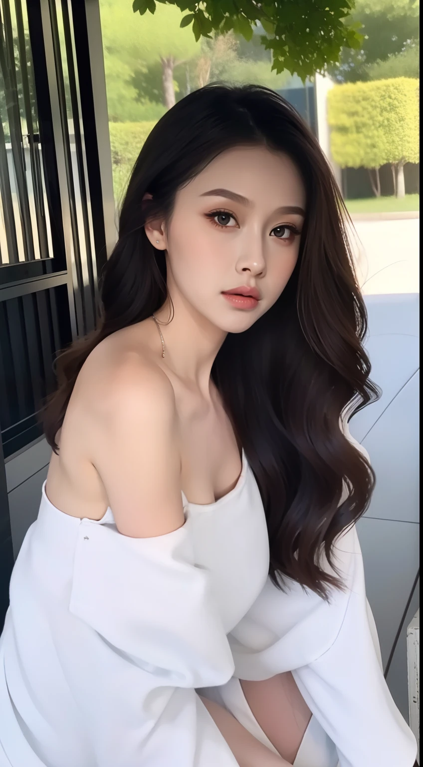 Fashion model 18 years old [[[[closeup cleavage]]]], [[[[boobgasm]]]], [[[[coll]]]], [[[[bshoulders]]]], perfect  eyes, Perfect iris，Perfect lips，perfect teeth，Perfect skin，with fair skin，Long face，slender nose，tall nose bridge，Soft front light，hdr，Movie girl，Simple clothing，brunette color hair，long whitr hair，Long black hair，The background is outdoors，Green trees（pastel colour：1.2）