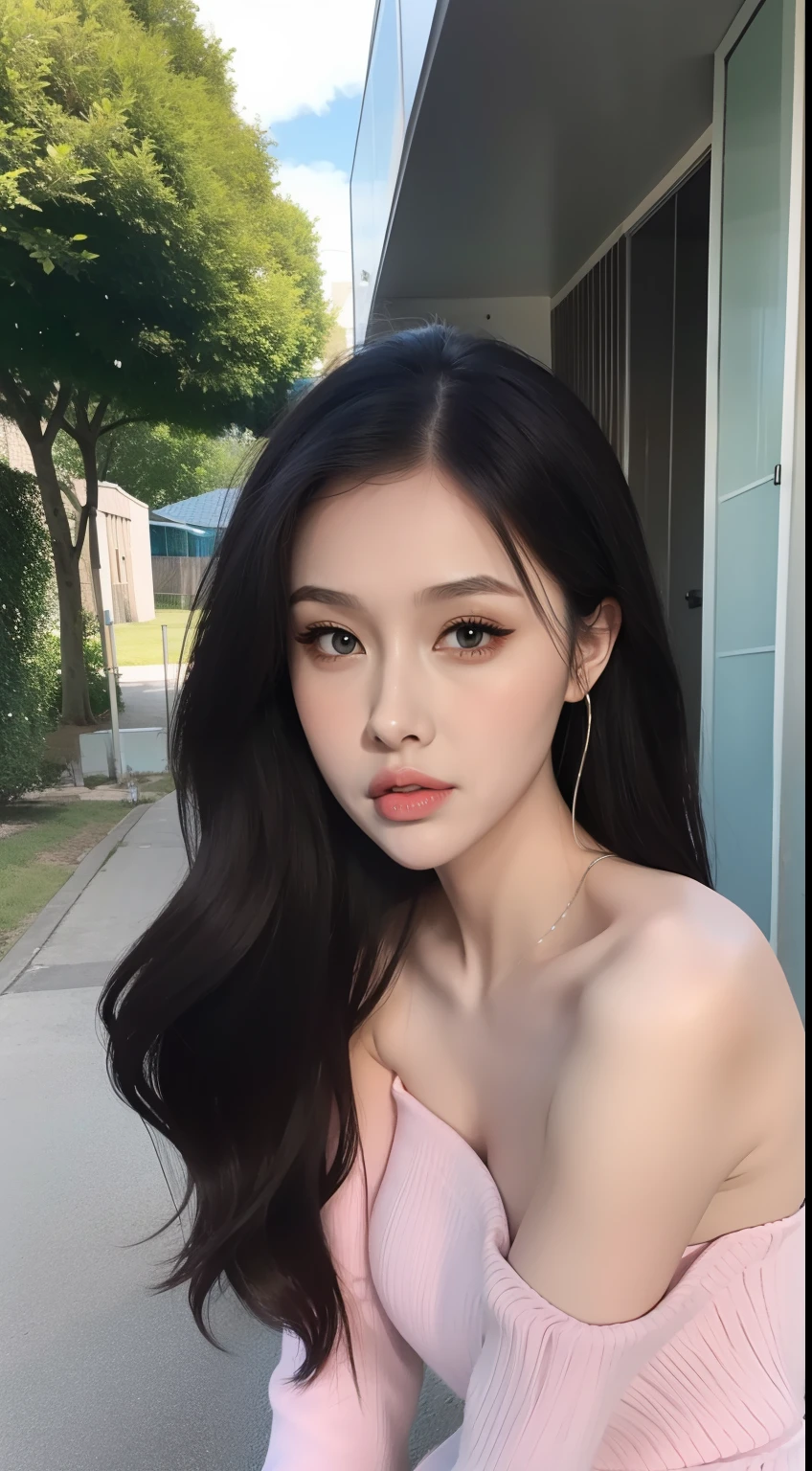 Fashion model 18 years old [[[[closeup cleavage]]]], [[[[boobgasm]]]], [[[[coll]]]], [[[[bshoulders]]]], perfect  eyes, Perfect iris，Perfect lips，perfect teeth，Perfect skin，with fair skin，Long face，slender nose，tall nose bridge，Soft front light，hdr，Movie girl，Simple clothing，brunette color hair，long whitr hair，Long black hair，The background is outdoors，Green trees（pastel colour：1.2）