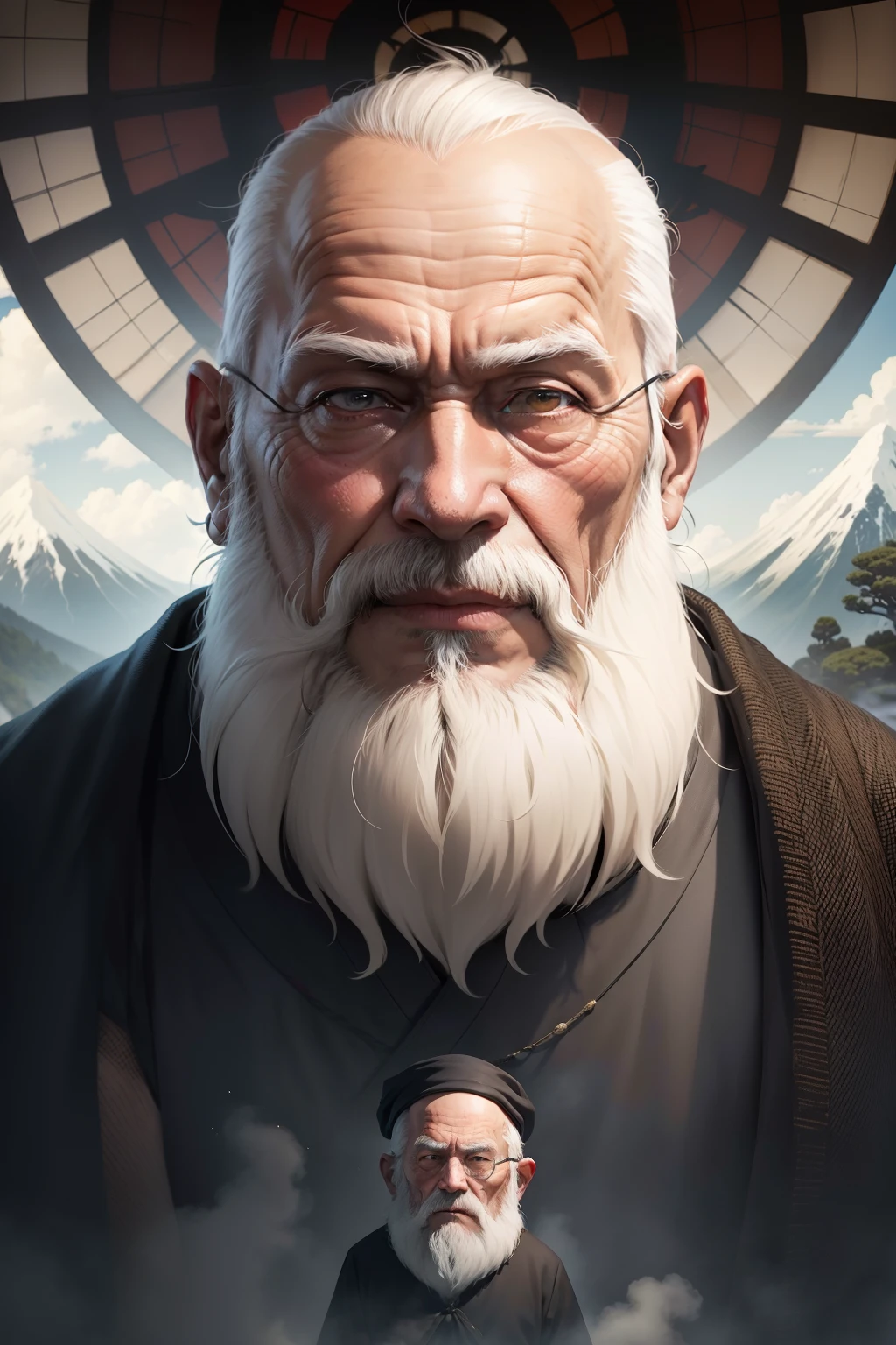 An old man with little hair、Old man with a white beard、Old man like a hermit、An old man who looks like he has been training for decades、Old man training at the top of a mountain、Old man wearing black robes、Impression of a Japan person、