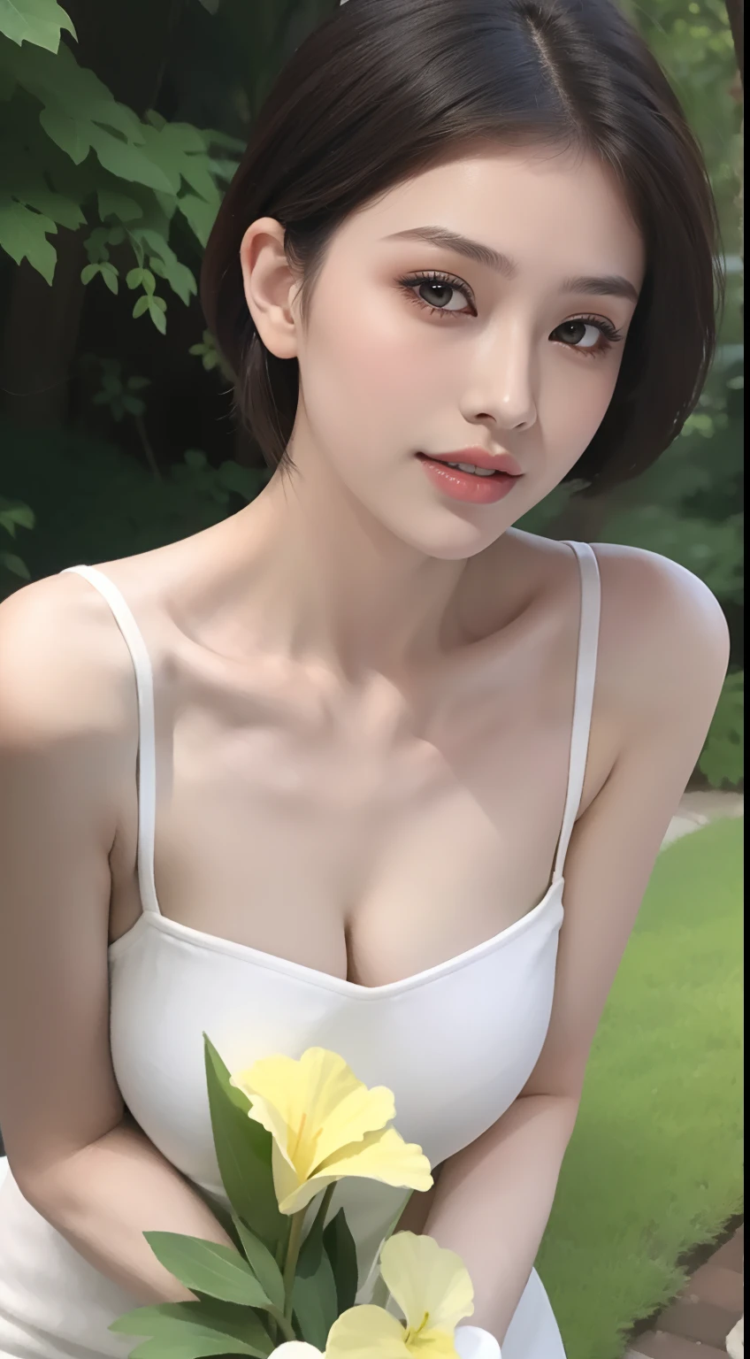 Fashion model 18 years old [[[[closeup cleavage]]]], [[[[boobgasm]]]], [[[[coll]]]], [[[[bshoulders]]]], perfect  eyes, Perfect iris，Perfect lips，perfect teeth，Perfect skin，Long face，slender nose，with fair skin，Soft front light，hdr，Movie girl，Casual，The background is outdoors，Green trees and flowers，（pastel colour：1.2）
