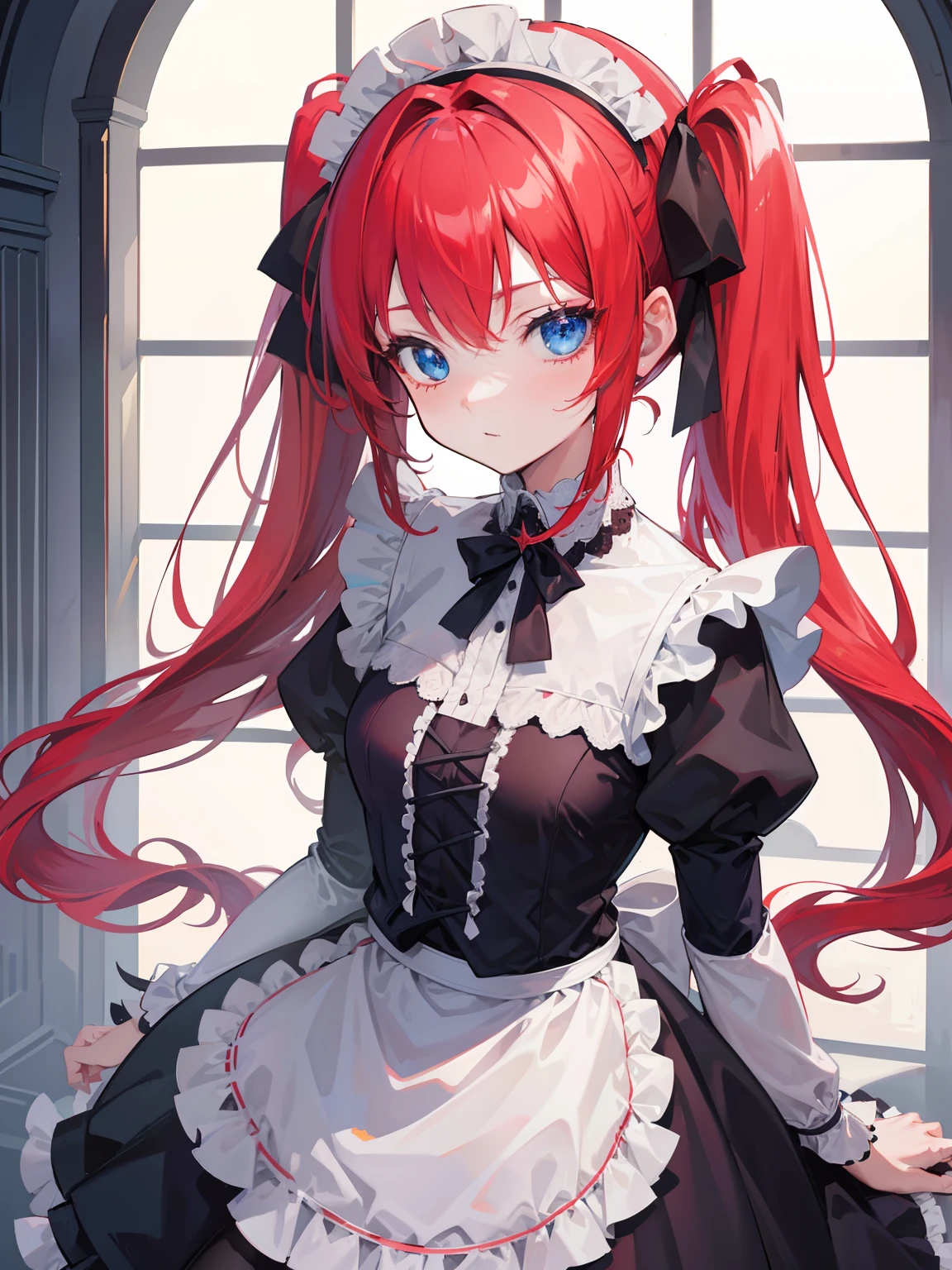 {{best quality}}, {{masterpiece}}, {{ultra-detailed}}, {illustration}, {detailed light}, red hair,blue eyes,twintails,maid, long hair, long sleeves, gothic, solo, loli