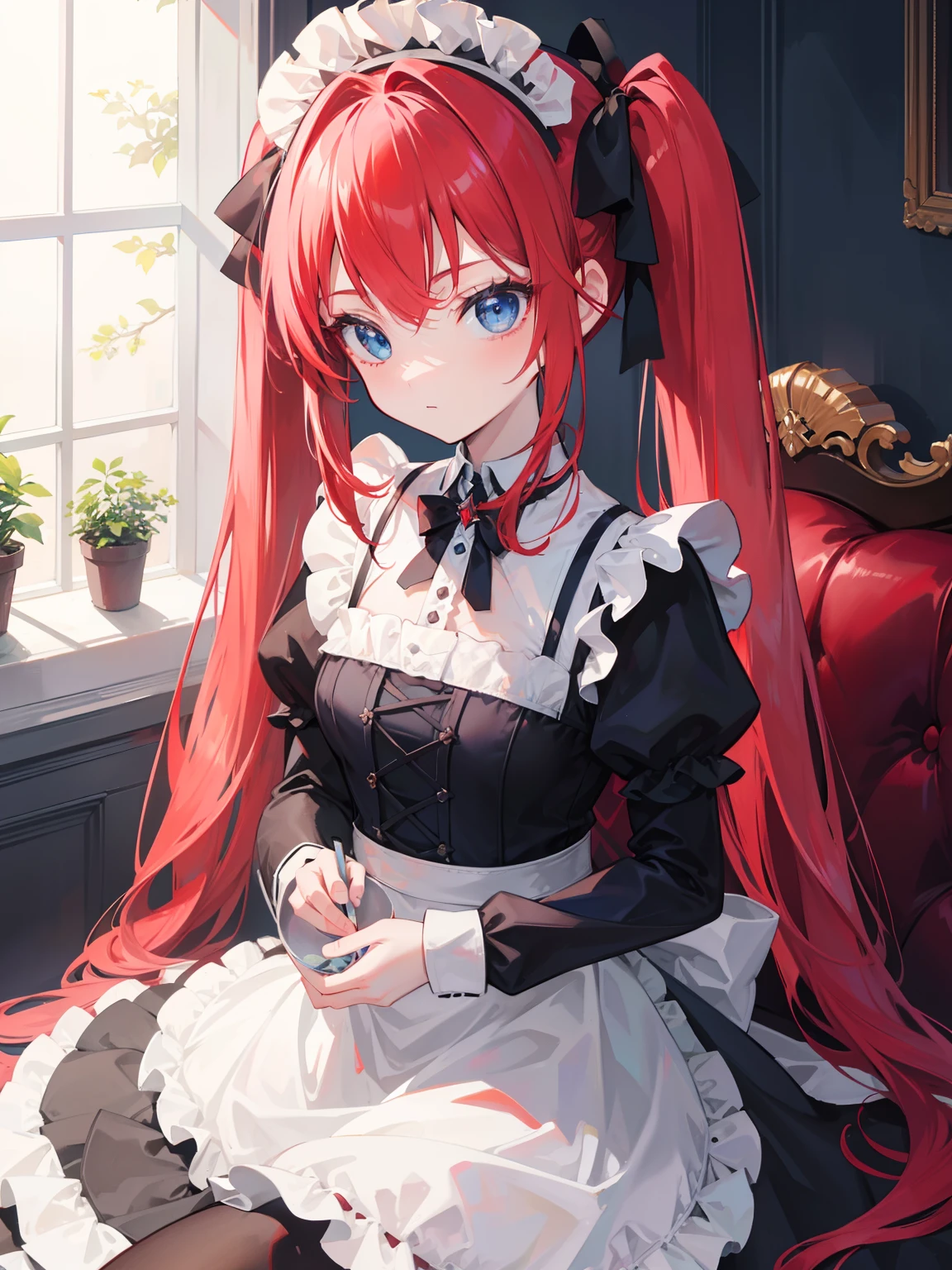 {{best quality}}, {{masterpiece}}, {{ultra-detailed}}, {illustration}, {detailed light}, red hair,blue eyes,twintails,maid, long hair, long sleeves, gothic, solo, loli