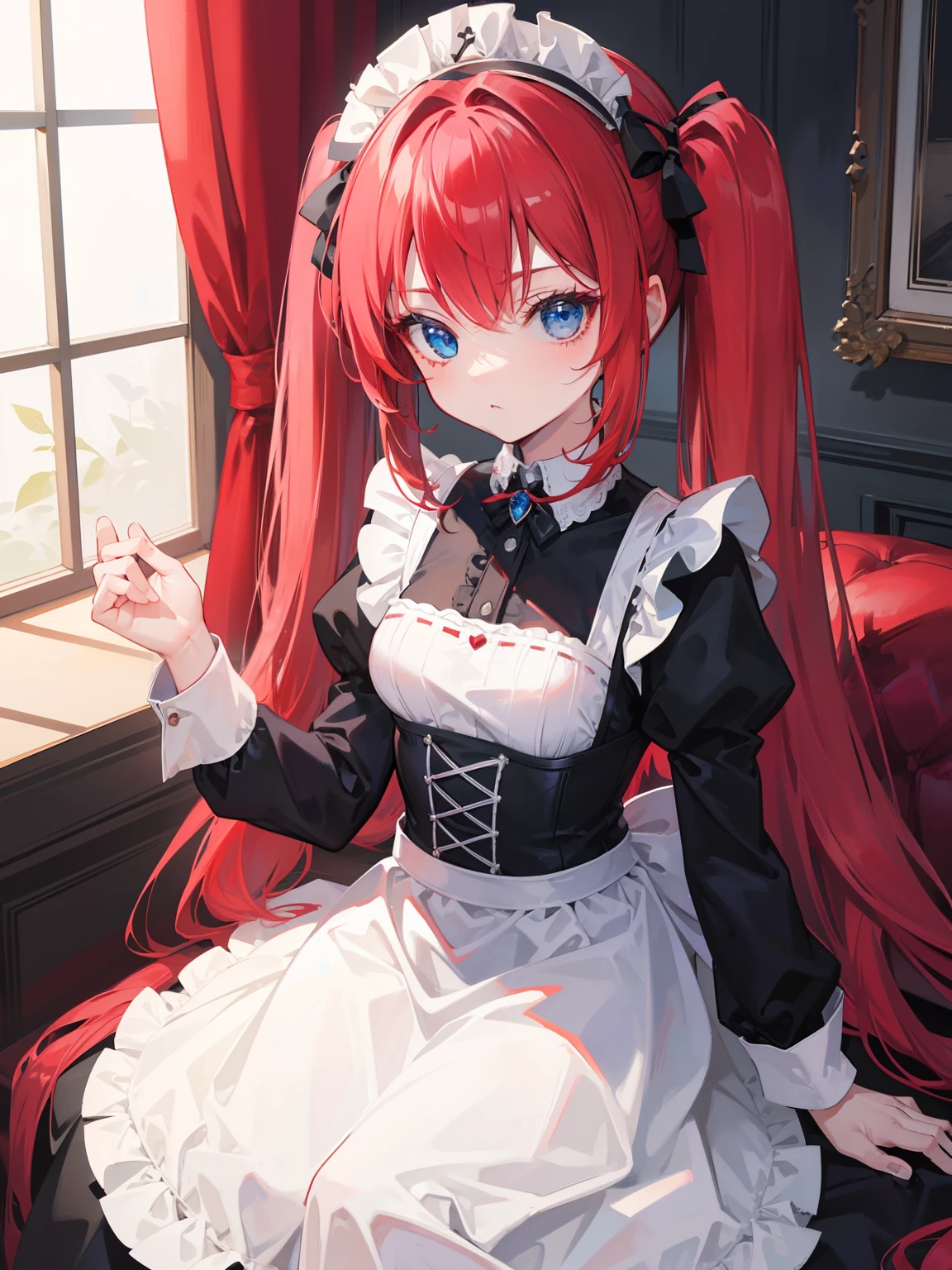 {{best quality}}, {{masterpiece}}, {{ultra-detailed}}, {illustration}, {detailed light}, red hair,blue eyes,twintails,maid, long hair, long sleeves, gothic, solo, loli