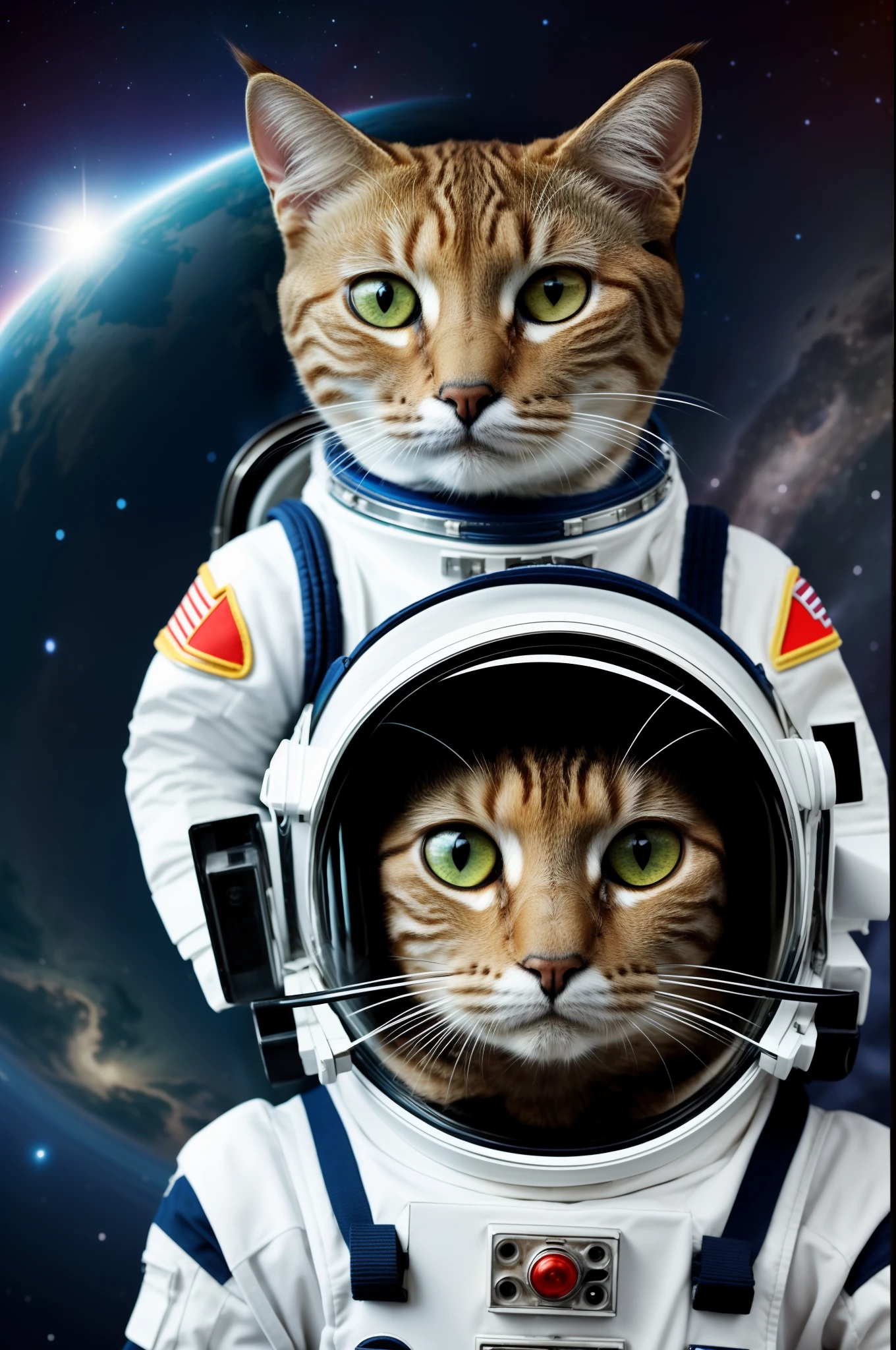 felino humanizado, gato en traje de astronauta, flotando fuera de la estacion espacial internacional. rostro del gato definido, traje detallado, enfocado, luz brillante
