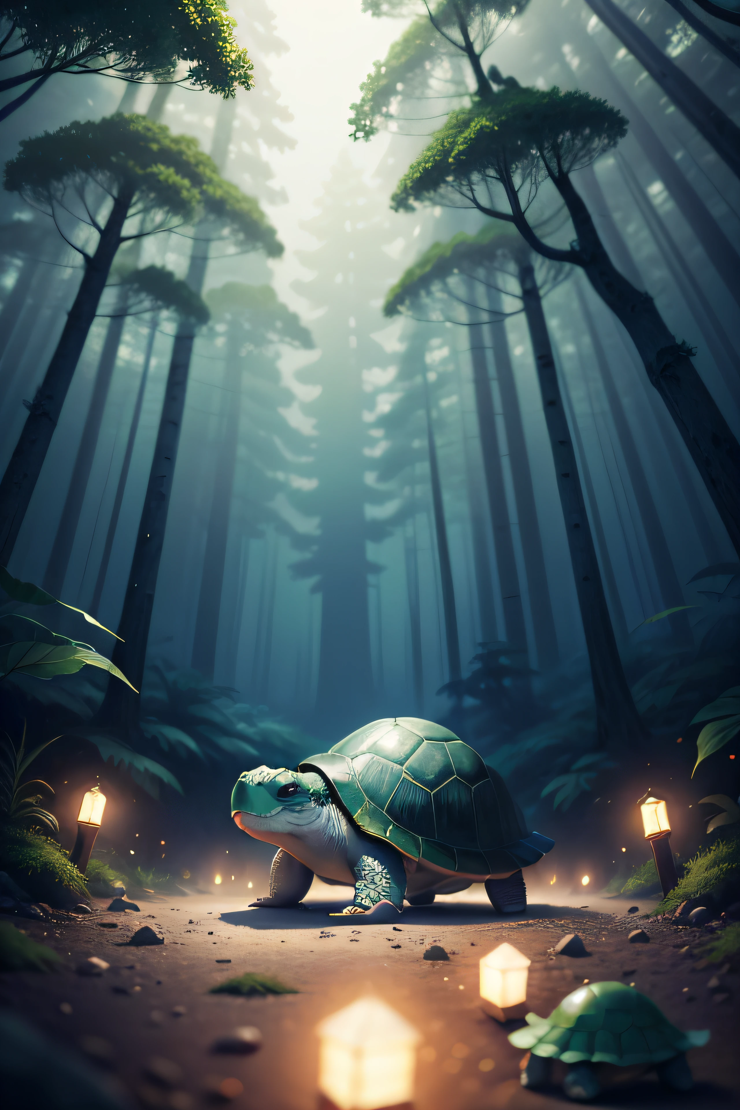 (best quality) a turtle looking at the viewer, blurry foreground, is in a forest with lots of white lights, Ori style, filiz, anime style, cartoon