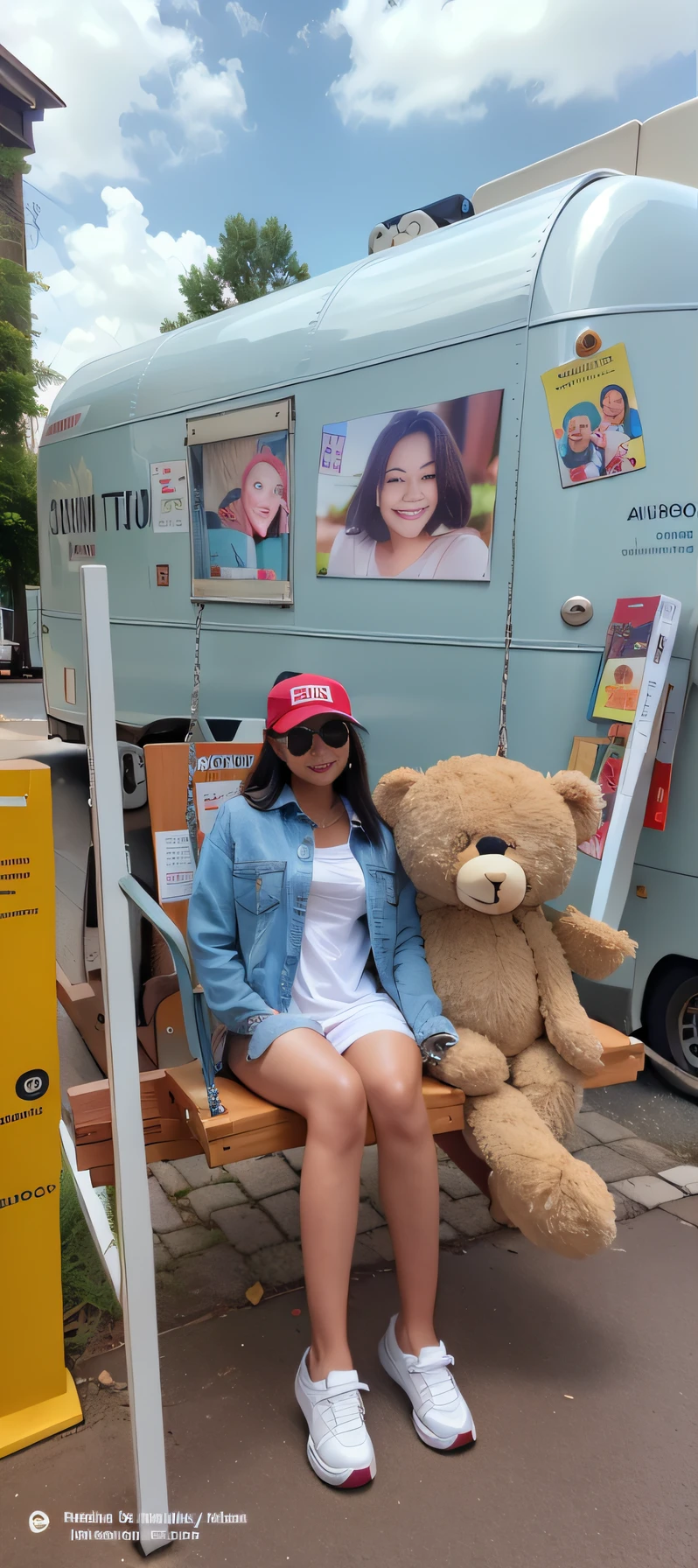The woman sits on a bench,Next to it is a teddy bear next to a food truck, tzuyu from twice, in front of ramen shop, Kim Tae-joon, frank franzzeta and sakimichan, wearing a straw hat and overalls, roseanne park of blackpink, Holding a teddy bear, taken with canon eos 5 d mark iv, Gemma Chen