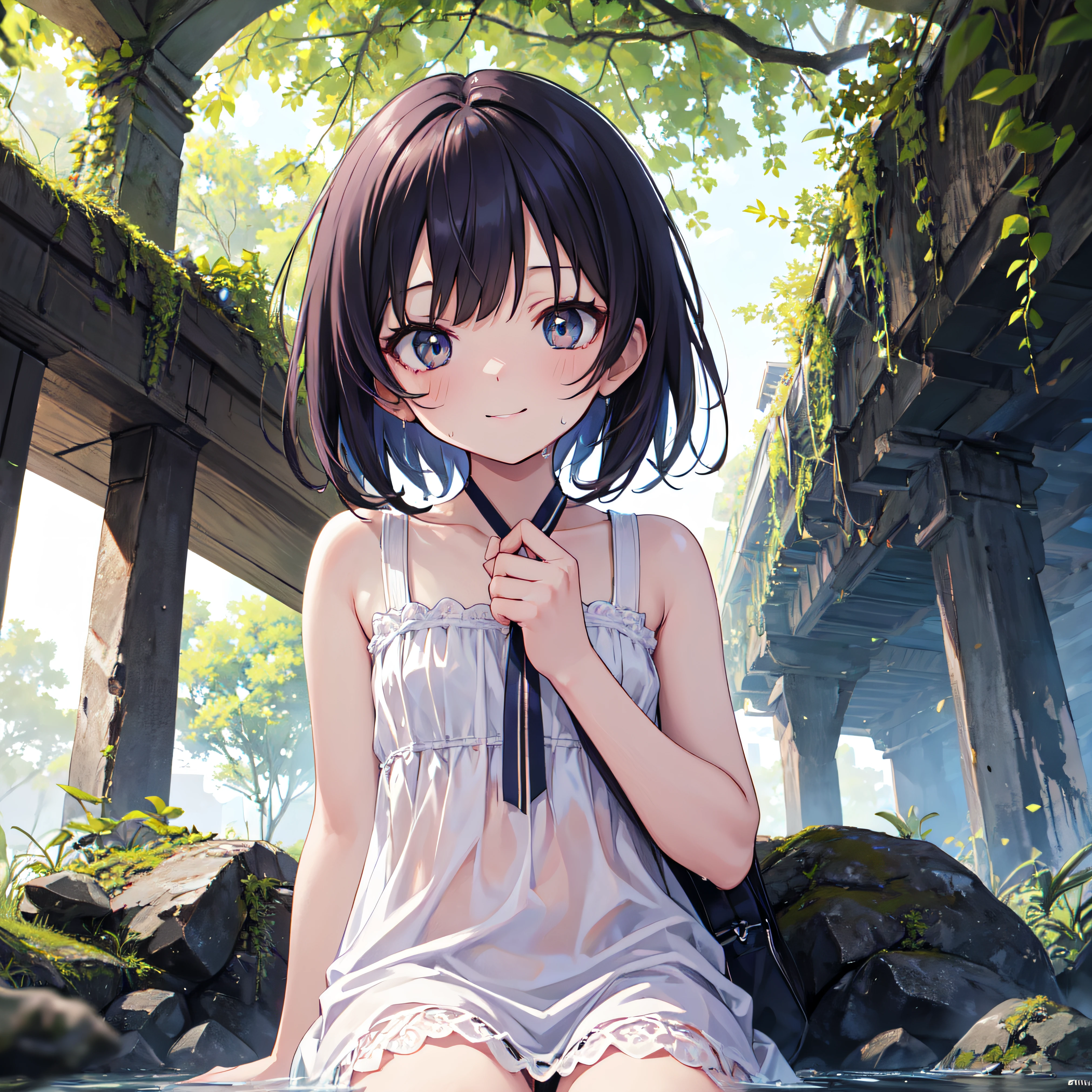 (masutepiece, Best Quality:1.4), 8K, Official art, Raw photo, absurderes, From below, girl, Evil smile, Upper body, Sitting, White summer dress, Wet, See-through, Stone bridge, Ruins, skyporn, the woods, stream, detailed shadow, light leaks, Perspective, depth of fields, Sharp Focus, hight resolution, ultra-detailliert, finely detail, Extremely detailed, (Eyes and faces with detailed, Sharp pupils, Realistic pupils:0.6)