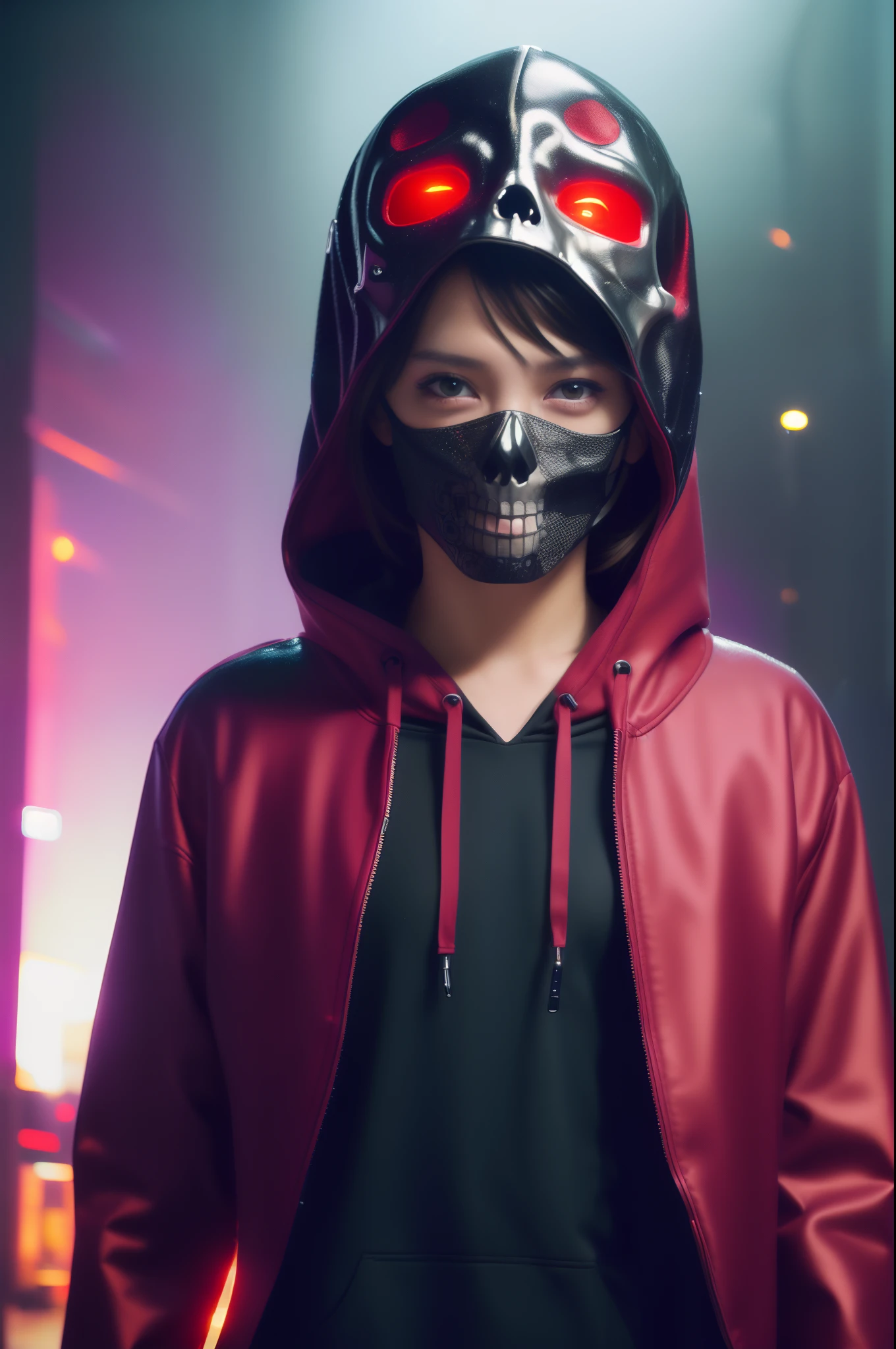 (personagem: Red hooded boy with skull mask from the Day of the Dead) wearing mariate hat, em um (Dark scenery with red light emerging from behind)