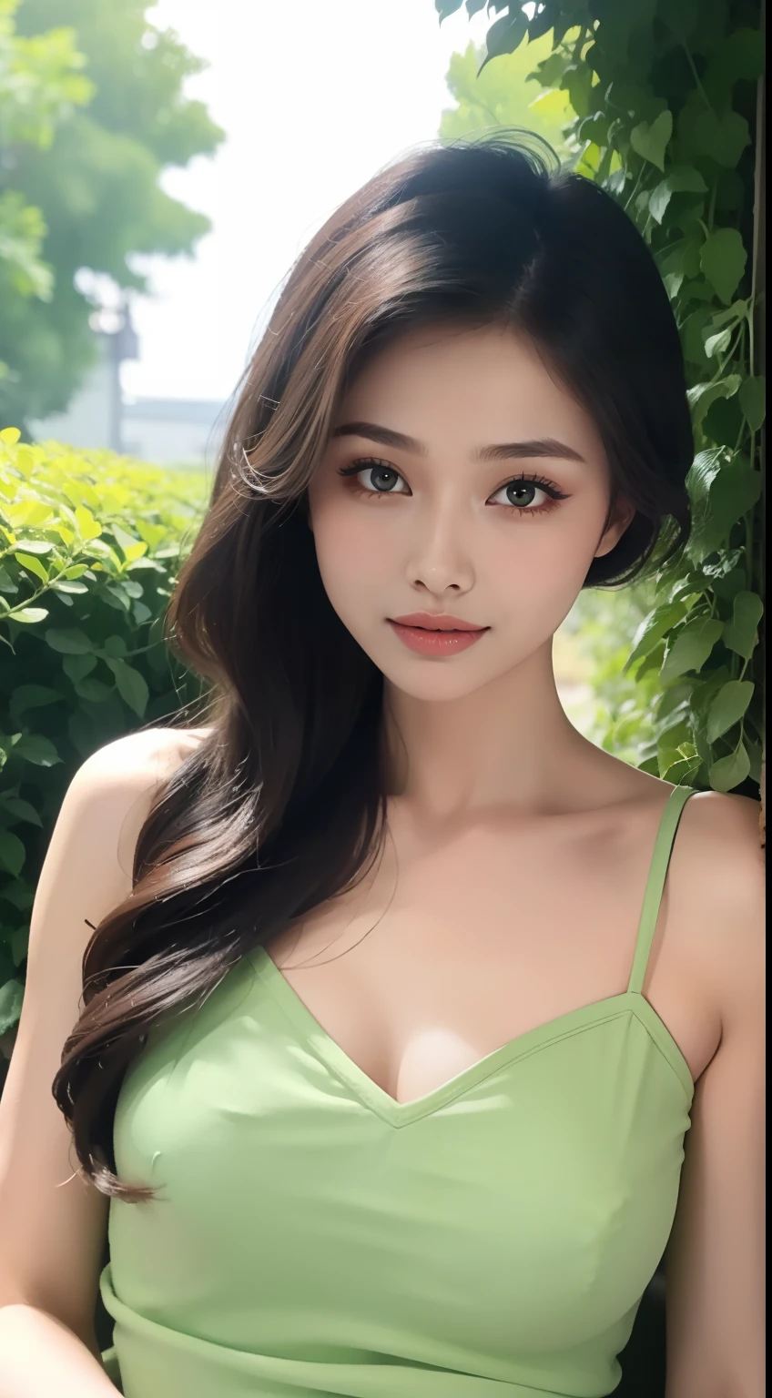Fashion model 18 years old [[[[closeup cleavage]]]], [[[[boobgasm]]]], [[[[coll]]]], [[[[bshoulders]]]], perfect  eyes, Perfect iris，Perfect lips，perfect teeth，Perfect skin，Long face，slender nose，with fair skin，Soft front light，hdr，Movie girl，Casual，The background is outdoors，Green trees and flowers，（pastel colour：1.2）