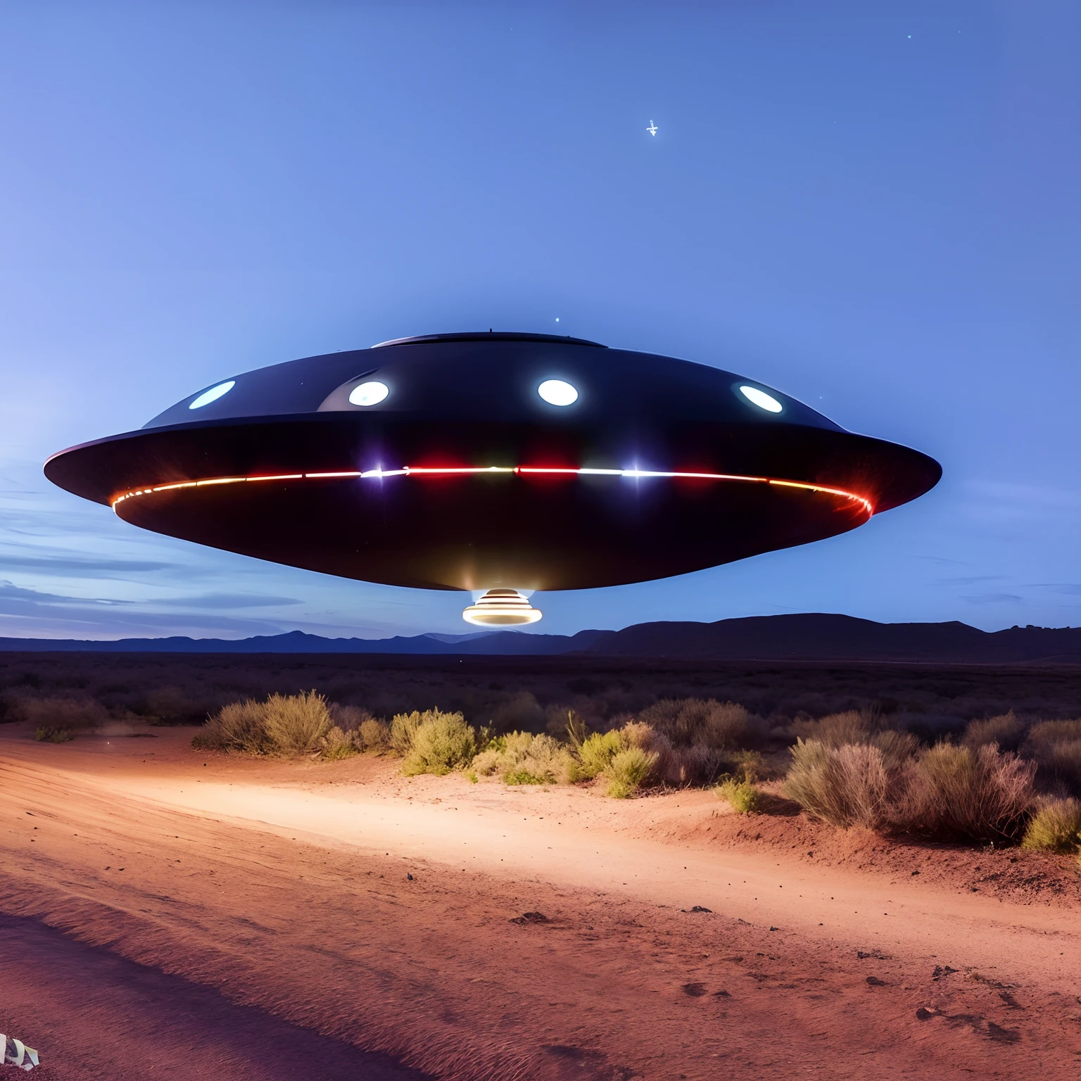 Disco voador arafed no meio de um deserto com luzes acesas, alien mothership in the sky, Pouso de OVNIs, alien spaceship, ufo lighting, alien spaceship in the sky, of a UFO propulsion system, alien mothership, Rapto de OVNIs, ufo aliens, disco voador, ufo in the sky, OVNI, flying saucer in the sky, Ovnis, imagem realista, super detalhada, 8k