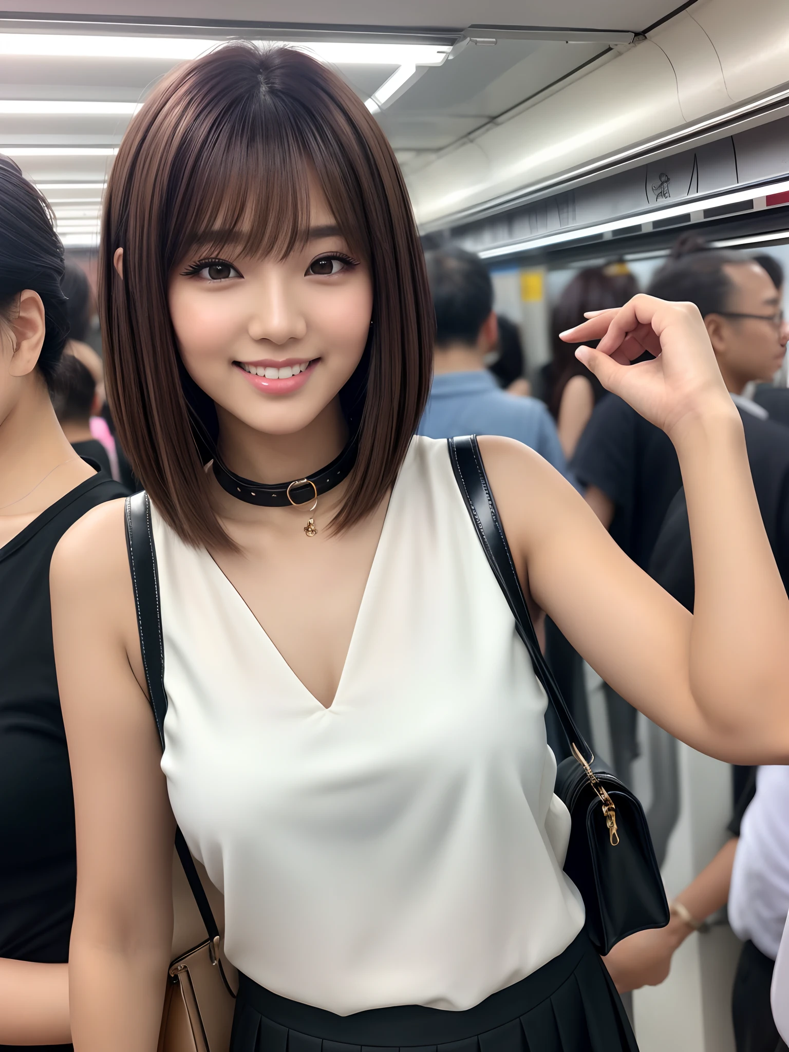 product quality, 1girl, upper body shot, front view, a Japanese young pretty girl, bob hair, getting on a crowded train with a big smile, in the evening, a shoulder bag, glamorous figure, busty, wearing a sleeveless white blouse with a collar, wearing black culottes skirt, hyper cute face, glossy lips, double eyelids in both eyes, natural makeup, long eyelashes, shiny smooth light brown hair of bob hair, asymmetrical bangs, tanned skin, central image, high resolution, high detail, detailed hairstyle, detailed face, cinematic lighting, octane rendering, vibrant, hyper realistic, perfect limbs, perfect anatomy