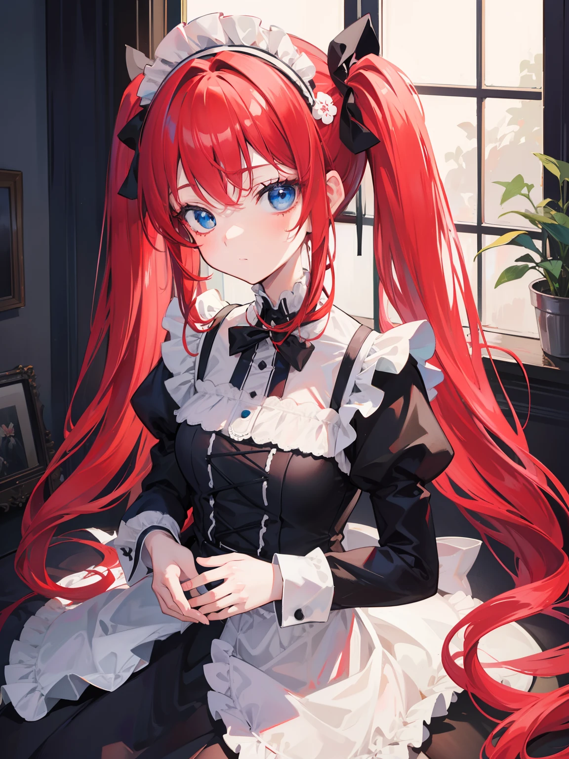{{best quality}}, {{masterpiece}}, {{ultra-detailed}}, {illustration}, {detailed light}, red hair,blue eyes,twintails,maid, long hair, long sleeves, gothic, solo, 
