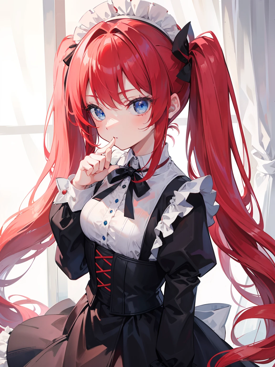 {{best quality}}, {{masterpiece}}, {{ultra-detailed}}, {illustration}, {detailed light}, red hair,blue eyes,twintails,maid, long hair, long sleeves, gothic, solo, loli