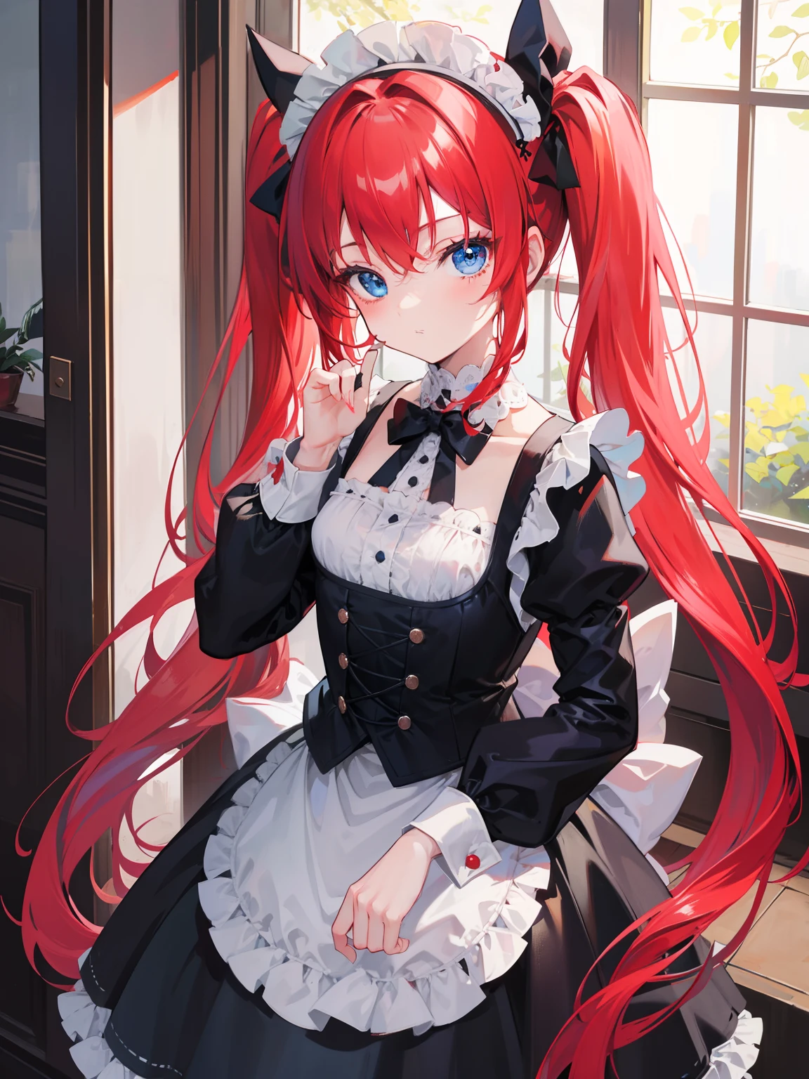 {{best quality}}, {{masterpiece}}, {{ultra-detailed}}, {illustration}, {detailed light}, red hair,blue eyes,twintails,maid, long hair, long sleeves, gothic, solo, loli