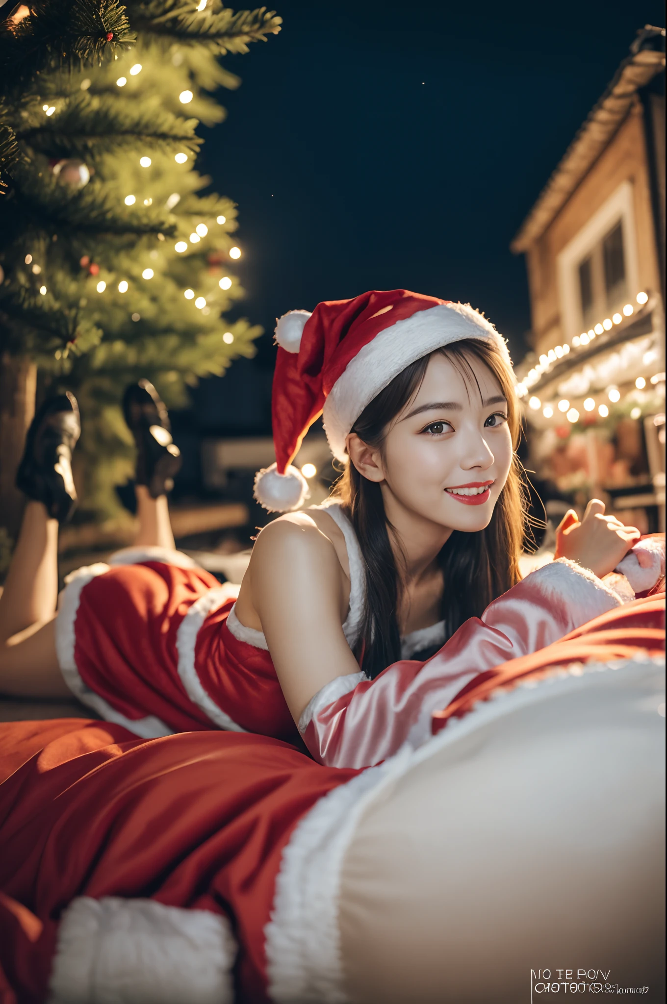 (((santa claus costume))),(((Lie on your side))),(((view full body))),(((Photographing a girl from side))),ulzzang-6500-v1.1, (Raw photo:1.2), (Photo realistic:1.4), a beautiful detailed girl, extremely detailed eye and face, beautiful detailed eyes, ultra-detailed, High resolution, top-quality, masterpiece, highly detailed, 8k wallpaper, Wonderful, finely detail, top-quality, Light on the face,电影灯光,1girl in,(Christmas market in Stuttgart),Beautiful eyes,smile,Opening Mouth