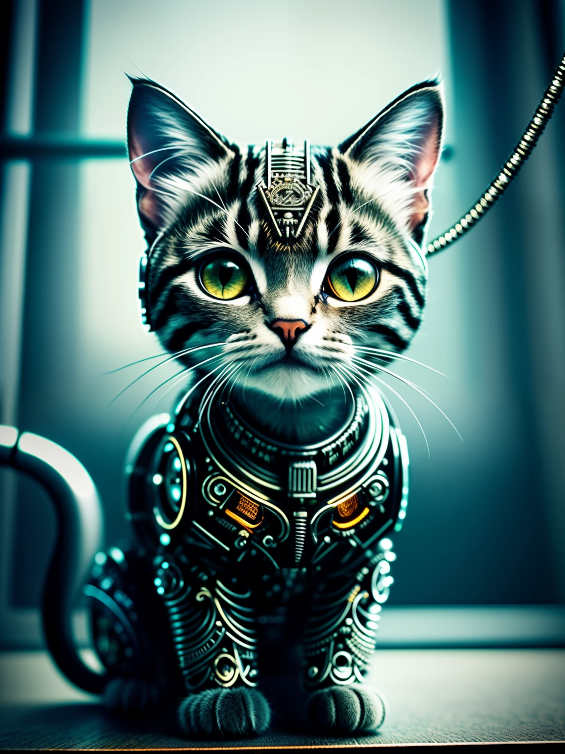 a cute kitten made out of metal, (Cyborg:1.1), ([Big tail | Complex wires]:1.3), (Intricate details:1.2), hdr, (Intricate details, ultra - detailed:1.2), cinema shot, Vignette, Centered