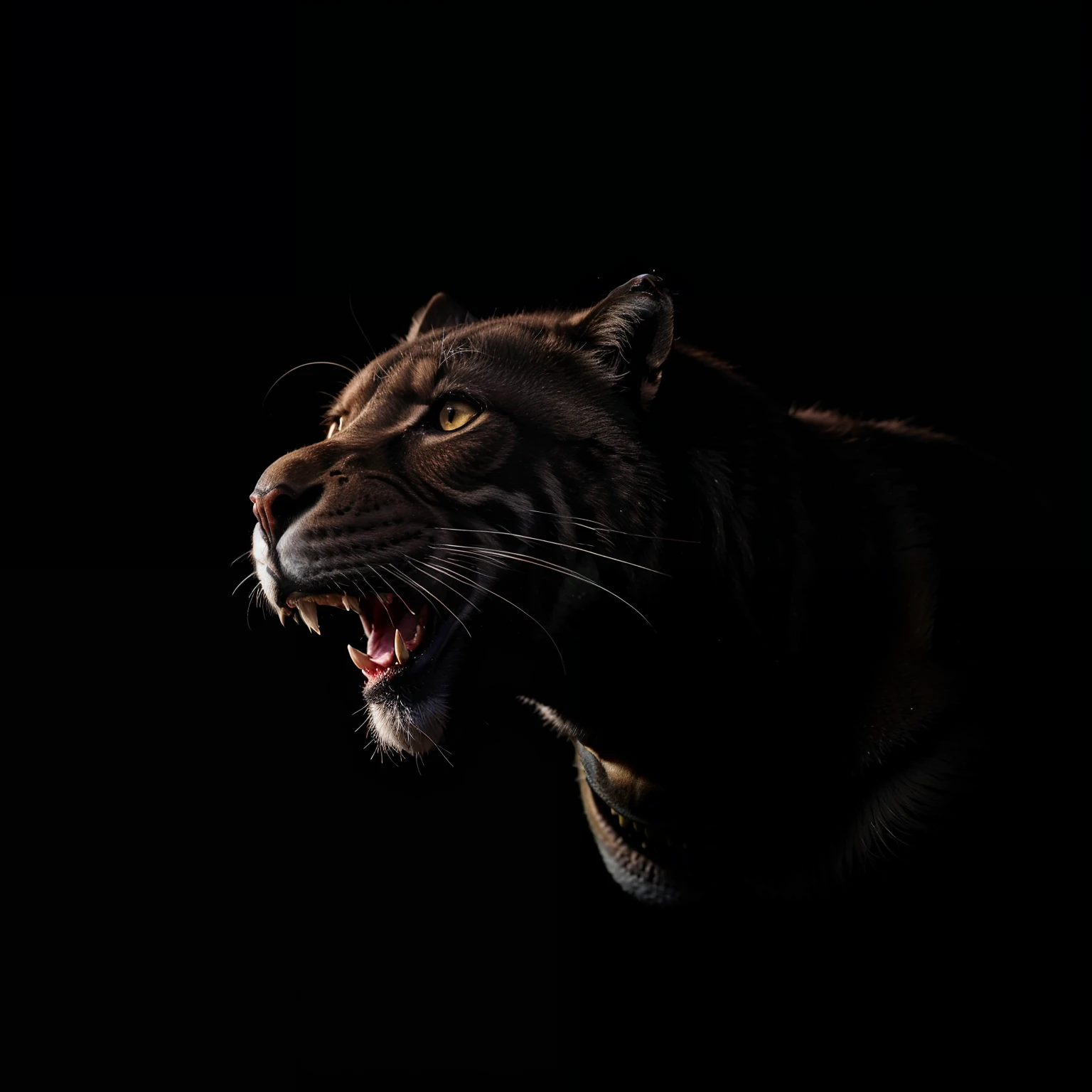 Ferocious black jaguar roaring in Peru's Amazon rainforest, con manchas de jaguar visibles por encima del pelaje negro, gran angular, imagen en 3D, resolucion 32K, octanaje render, detalles intricados, ultra detallado, volumetric illumination, efecto de vidrio roto. Estilo: Photographic 50mm lens, apertura F 2.5. Sugerencias: No debe salir: Borroso, feo, 2 cabezas, 2 caras, malas proporciones, mala anatomia, mal arte, mal dibujado, cara mal dibujada, mutado, mutilado, morbid, extremidades perdidas, extremidades. flotantes, extremidades extras, extremidades fusionadas, fuera de foco, low res, carton, plastico