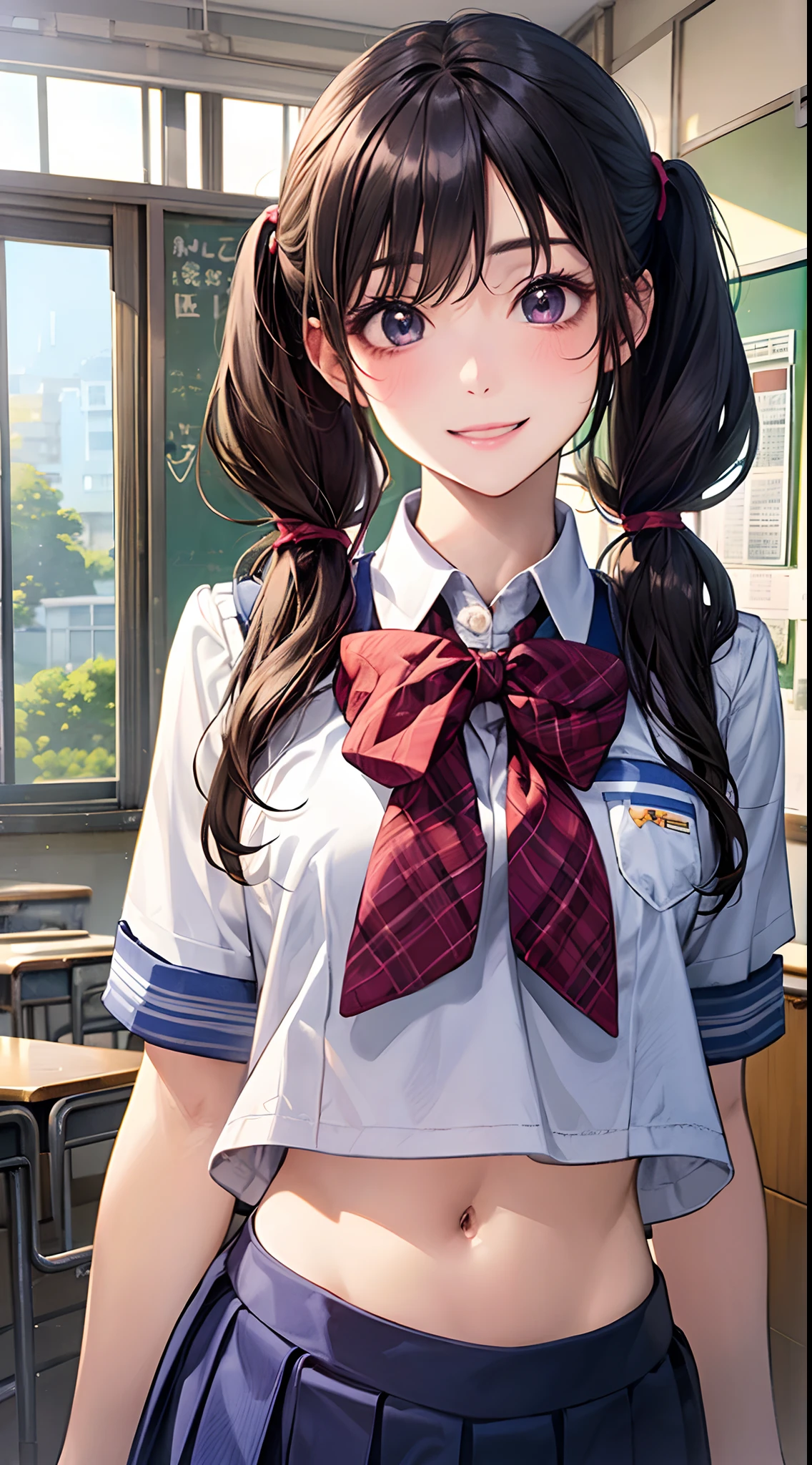 1 girl、Japan persons、Watching the view、schools、Homeroom(Homeroom:1.5)、Sorrisos(Sorrisos:1.5)、medium chest、beautifuldetailedeyes、day time、slong hair(slong hair:1.4)、Kawaii School Uniforms(Kawaii School Uniforms:1.5)、White Skin Skin、(8K、maximum quality、masterpiece:1.2)、(Realstic、pfotorealistic:1.37)、Ultra-detail、twintails(twintails:1.7)、The navel is slightly visible(The navel is slightly visible:1.1)