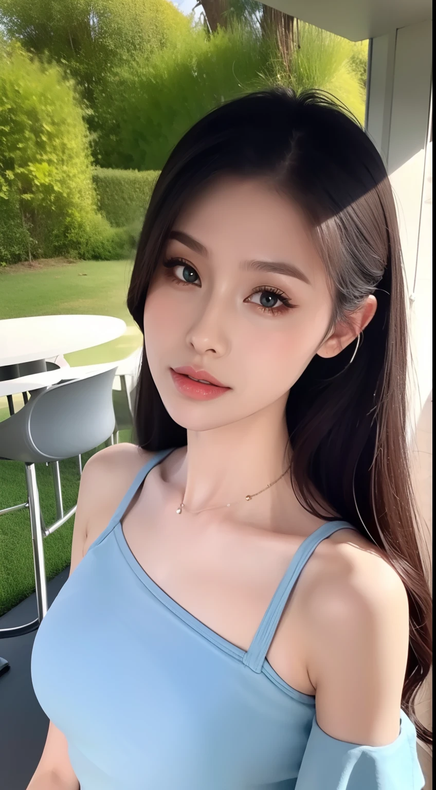 Fashion model 18 years old [[[[closeup cleavage]]]], [[[[boobgasm]]]], [[[[coll]]]], [[[[bshoulders]]]], perfect  eyes, Perfect iris，Perfect lips，perfect teeth，Perfect skin，with fair skin，Long face，slender nose，tall nose bridge，Soft front light，hdr，Movie girl，Simple clothing，brunette color hair，long whitr hair，Long black hair，The background is outdoors，Green trees（pastel colour：1.2）