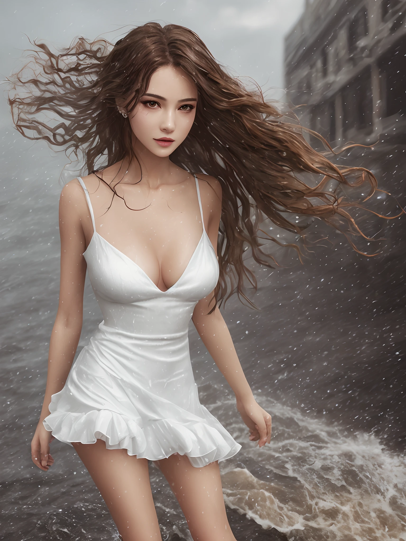 realistic raytraicing,best qualtiy,Kizi,Pretty woman with slender figure,Wavy brown hair,Breezy hair,white dresses,Wind bottom floating dress,wet dress by wind,standing on your feet,Super detailed face,Detailed eyes,二重まぶた,cleavage,tit