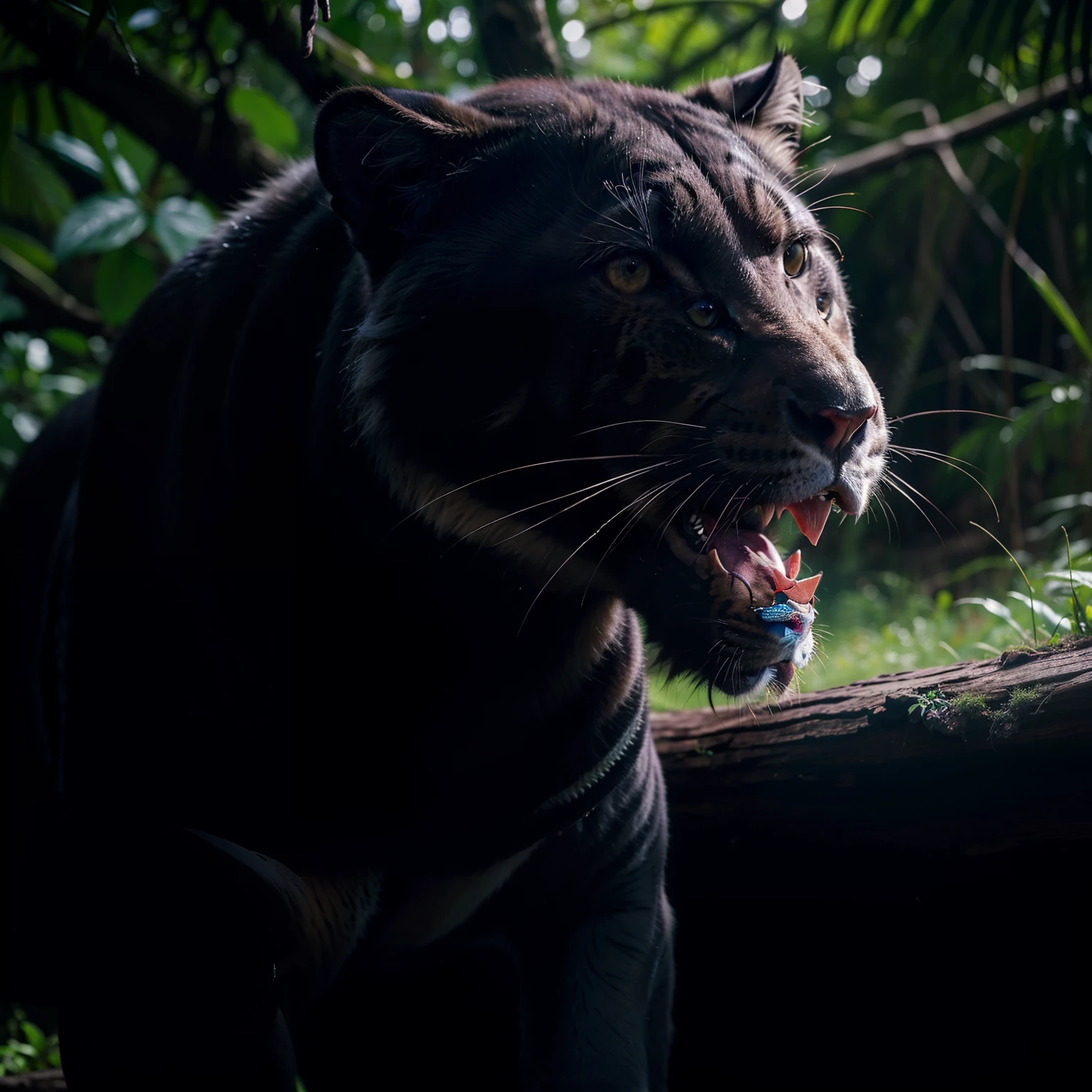 Ferocious black jaguar roaring in Peru's Amazon rainforest, con manchas de jaguar visibles por encima del pelaje negro, gran angular, imagen en 3D, resolucion 32K, octanaje render, detalles intricados, ultra detallado, volumetric illumination, efecto de vidrio roto. Estilo: Photographic 50mm lens, apertura F 2.5. Sugerencias: No debe salir: Borroso, feo, 2 cabezas, 2 caras, malas proporciones, mala anatomia, mal arte, mal dibujado, cara mal dibujada, mutado, mutilado, morbid, extremidades perdidas, extremidades. flotantes, extremidades extras, extremidades fusionadas, fuera de foco, low res, carton, plastico