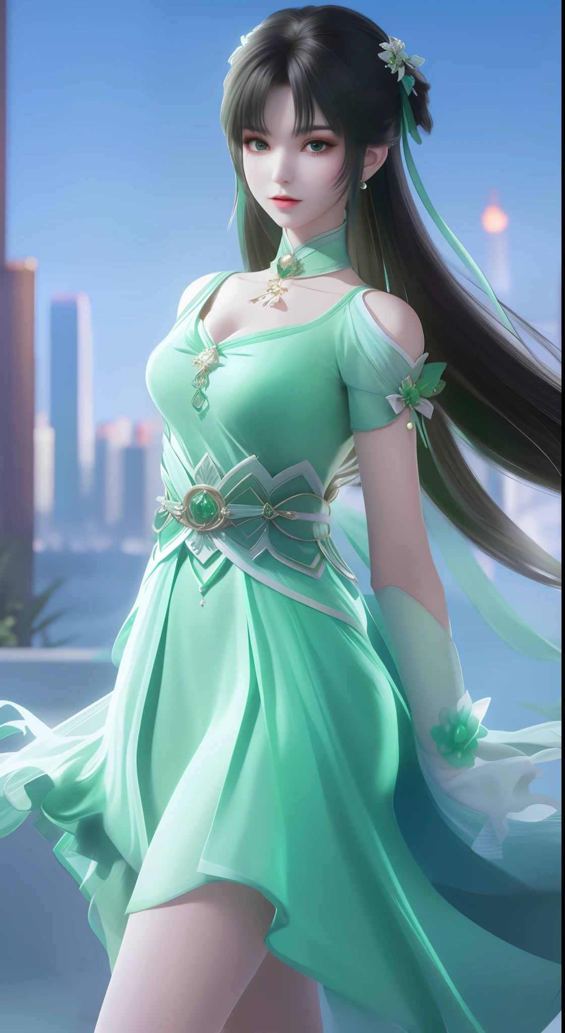 1girll,Cityscape,Night,view the viewer,hair adornments,double tails,White and green dress,Collar,clothing cutout,jewelry,shirt,Trim,belt,shoulder cutout,choker necklace,Hair,aged down,Cowboy shot,Obi,