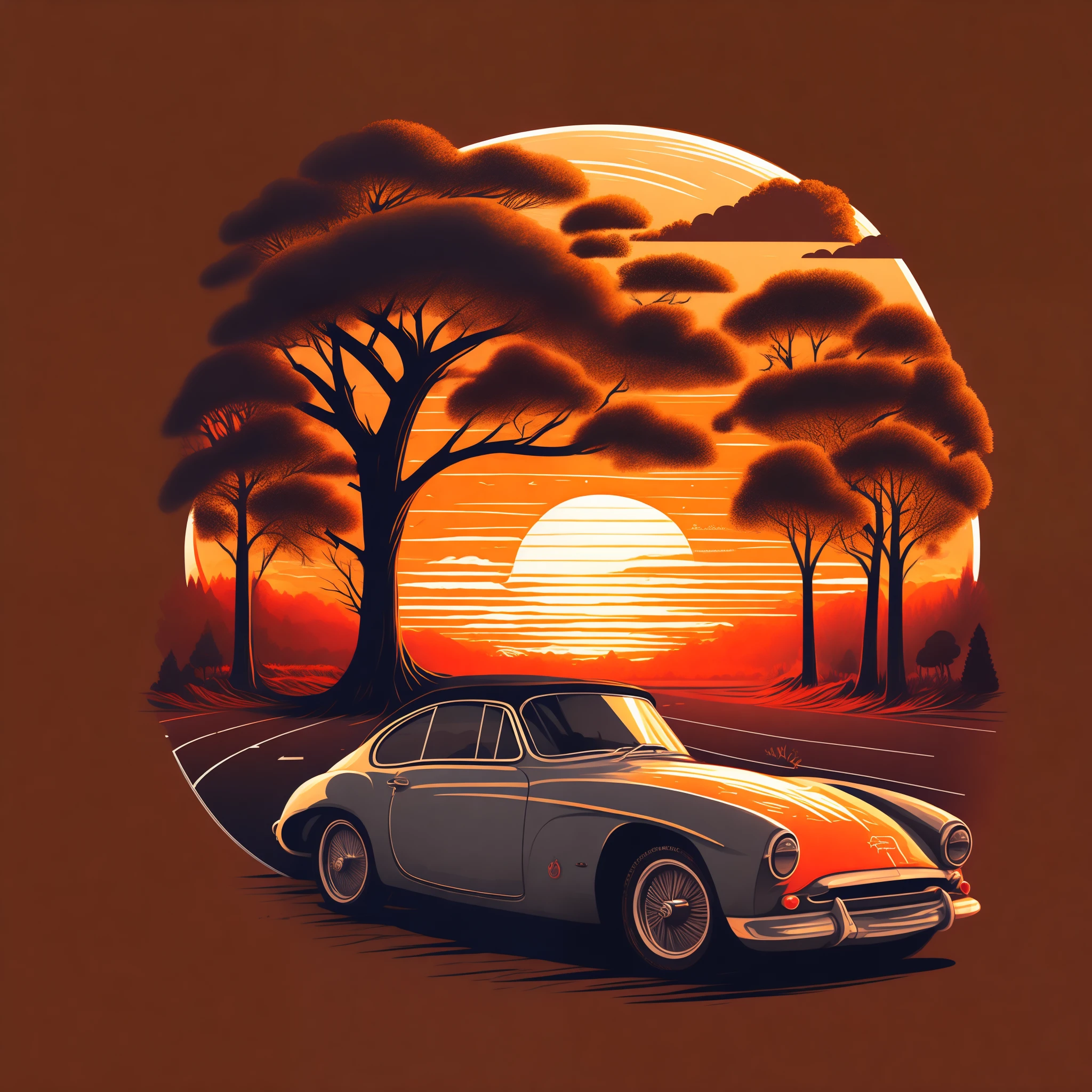 T-shirt design,Hand drawn illustrations, Nostalgic sports cars on the road,Sunset，shadow of the tree，Add characters" Keep going"