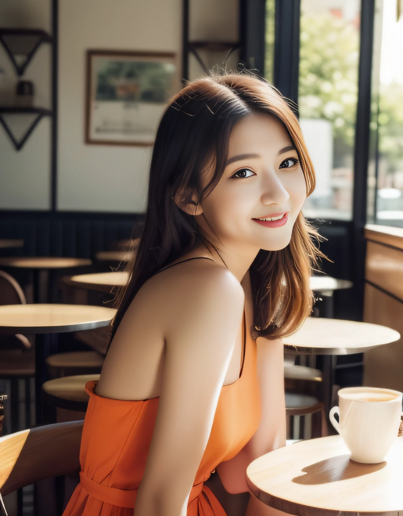 ((best quality, 8K, masterpiece: 1.3)), beautiful girl, pure, melon face, kind and cute, sweet smile, pure desire, slender body, (front), (tilted head), back view, orange dress , long black silky straight hair, long flowing shoulders, round black big eyes, clear big eyes, moist red lips, sweet, sitting in a cafe chair, cafe terrace background, ((whole body )),