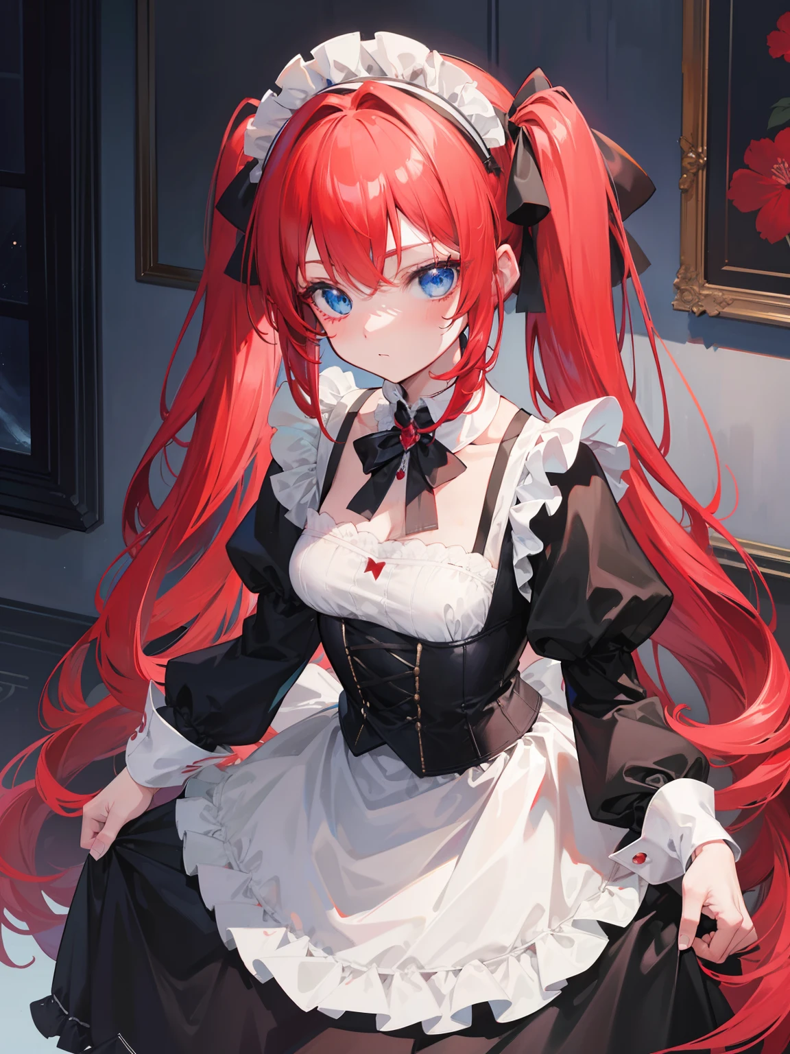 {{best quality}}, {{masterpiece}}, {{ultra-detailed}}, {illustration}, {detailed light}, red hair,blue eyes,twintails,maid, long hair, long sleeves, gothic, solo, loli