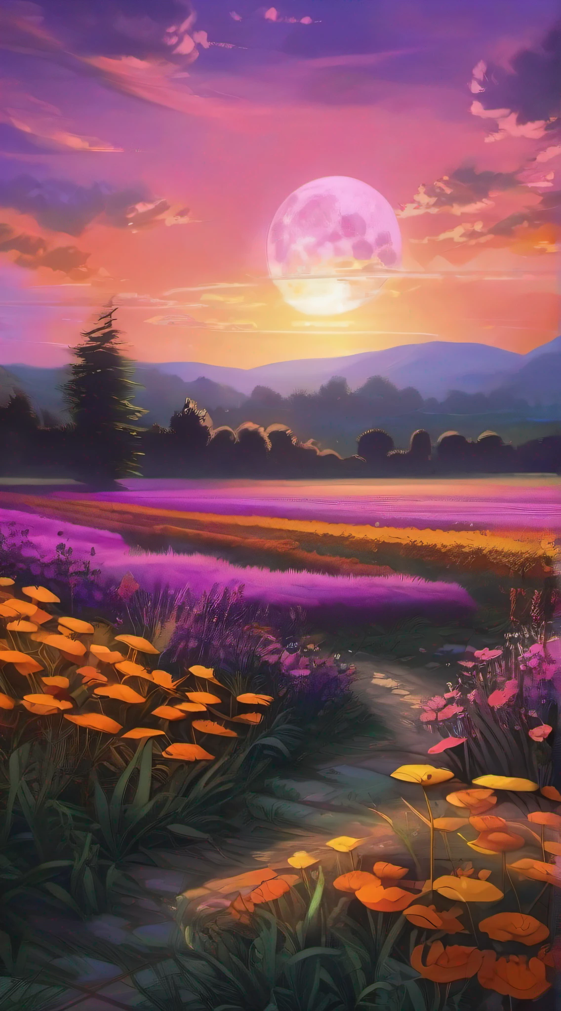A wide landscape photo, (viewed from below, the sky is above, and the open field is below), a girl standing on a flower field looking up, (full moon: 1.2), (meteor: 0.9), (nebula: 1.3), distant mountains , Trees BREAK Crafting Art, (Warm Light: 1.2), (Firefly: 1.2), Lights, Lots of Purple and Orange, Intricate Details, Volumetric Lighting BREAK (Masterpiece: 1.2), (Best Quality), 4k, Ultra Detailed, (Dynamic Composition: 1.4), Rich in Detail and Color, (Rainbow Color: 1.2), (Glow, Atmospheric Lighting), Dreamy, Magical, (Solo: 1.2)