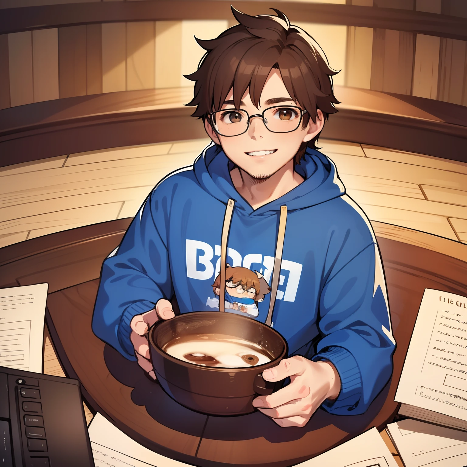 an adult man wearing blue sweatshirt sitting at a computer, 1boy, male focus, solo, long brown hair, glasses, looking at viewer, messy hair, hood, armchair, broad shoulders, (shaggy brown hair), brown eyes, smile, perfect teeth, drinking hot coffee, ((round face)), ((chubby cheeks)), 20 years old