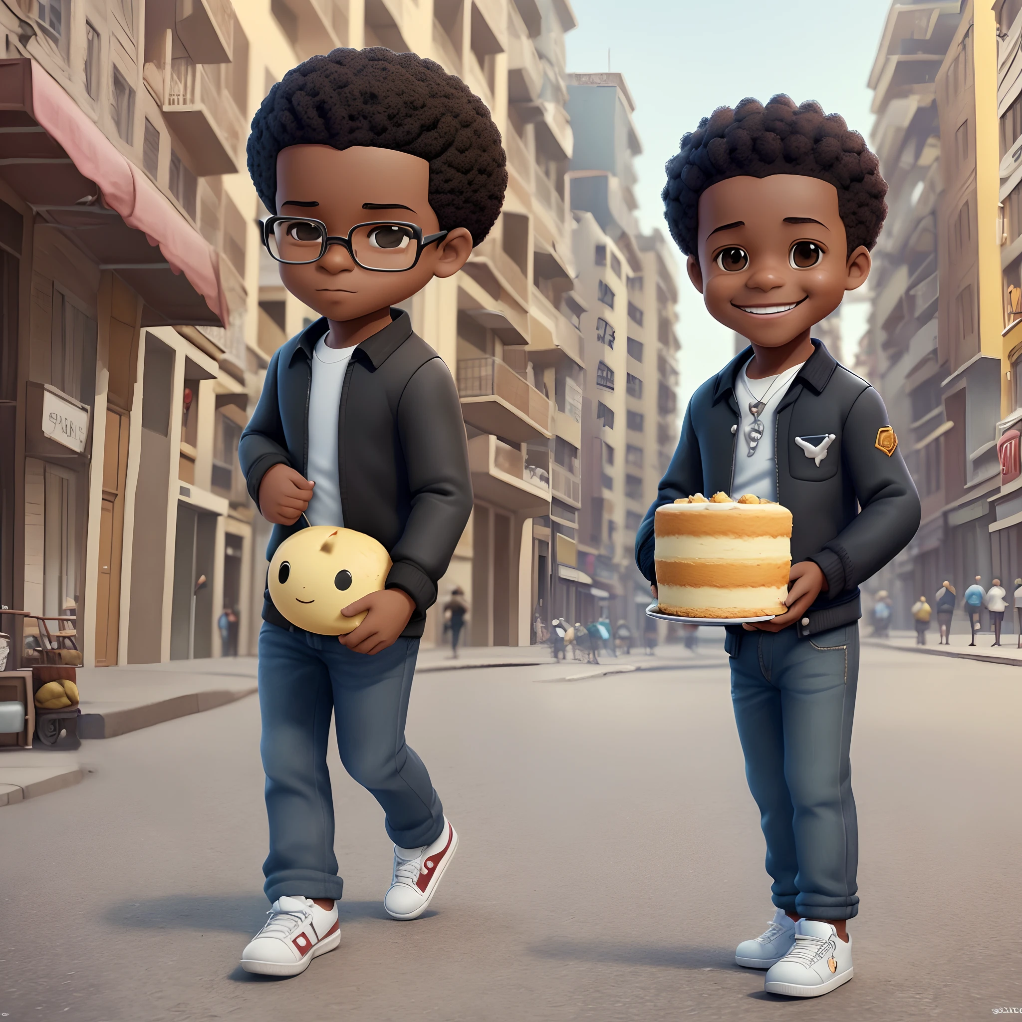 Personagem de desenho animado 3D segurando um pequeno bolo em uma rua da cidade, menino negro, (