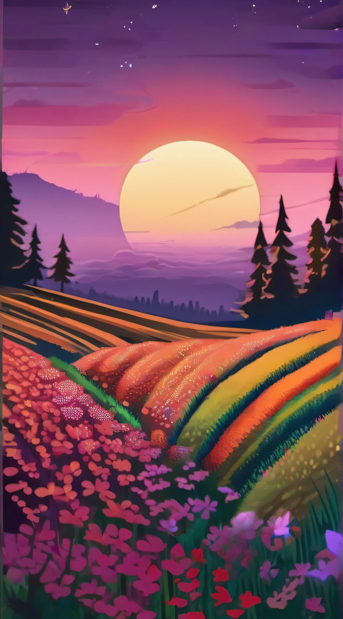 A wide landscape photo, (viewed from below, the sky is above, and the open field is below), a girl standing on a flower field looking up, (full moon: 1.2), (meteor: 0.9), (nebula: 1.3), distant mountains , Trees BREAK Crafting Art, (Warm Light: 1.2), (Firefly: 1.2), Lights, Lots of Purple and Orange, Intricate Details, Volumetric Lighting BREAK (Masterpiece: 1.2), (Best Quality), 4k, Ultra Detailed, (Dynamic Composition: 1.4), Rich in Detail and Color, (Rainbow Color: 1.2), (Glow, Atmospheric Lighting), Dreamy, Magical, (Solo: 1.2)