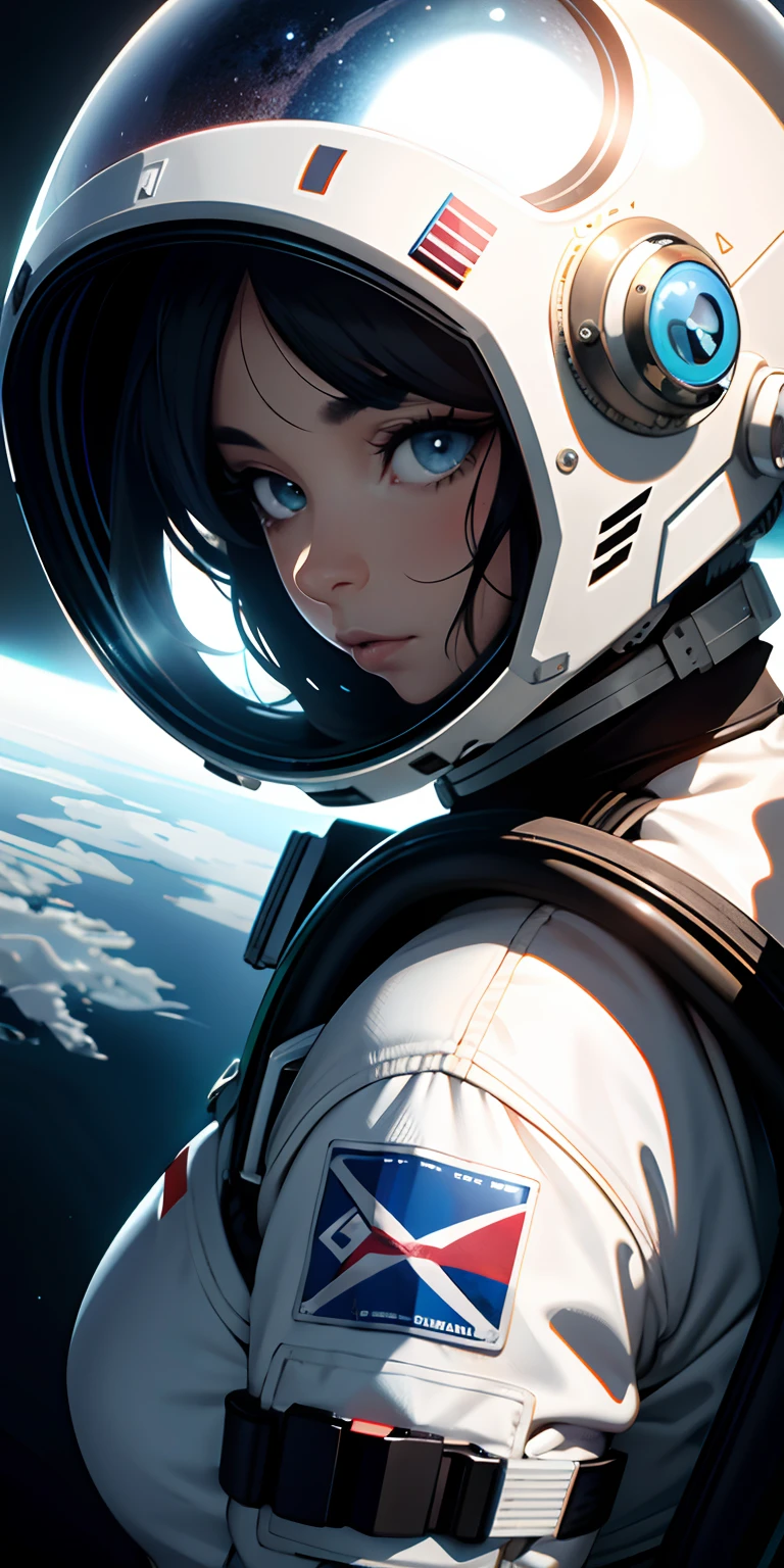 absurd res, high res, (masterpiece:1.4), ultra-detailed, close-up 1girl with spacesuit and helmet, from above, space, floating
