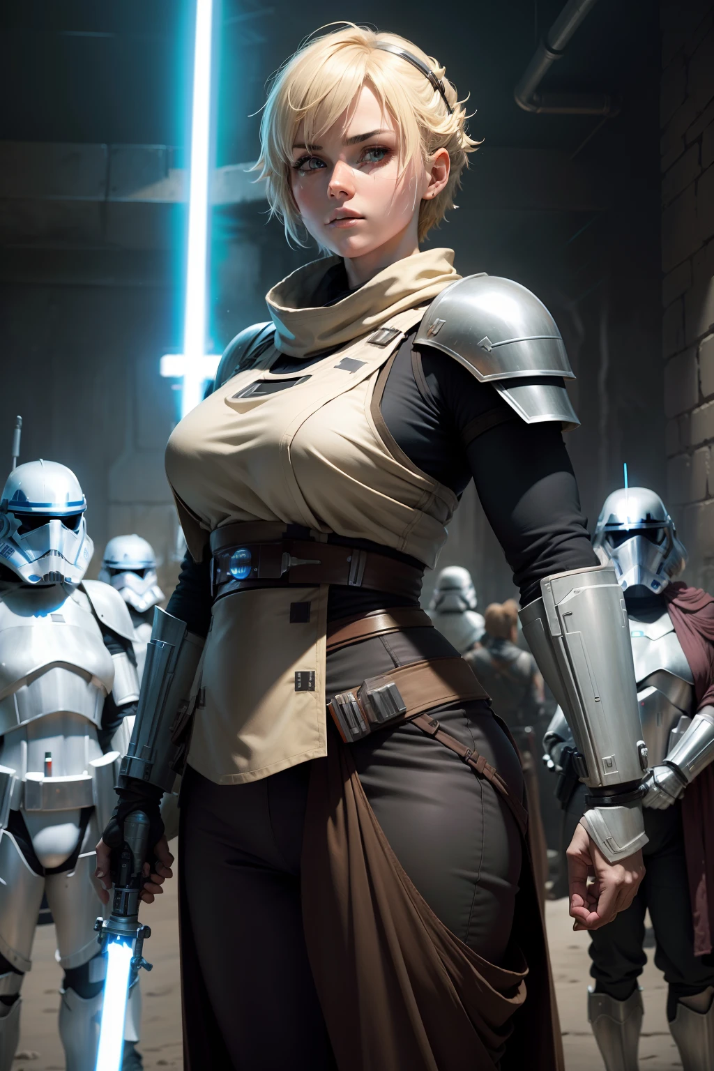 StarWars、jedi knight、Female knight、plump figure、Super Macho Figure、short blonde hair、Lightsaber in hand、White、Righteous heroes、Spooky alien landscape、