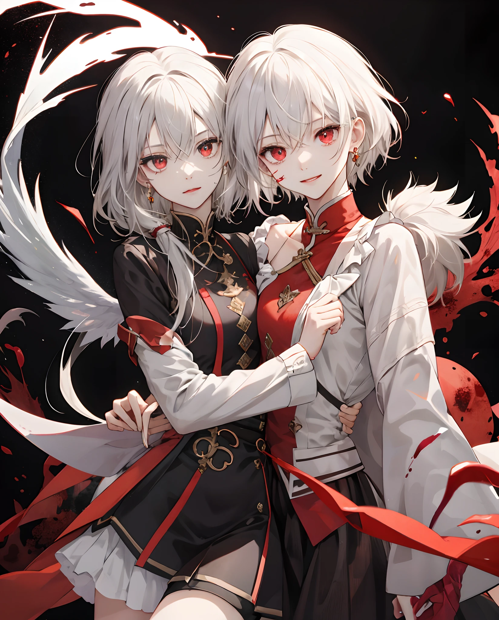 ((tmasterpiece,best qualtiy)),(1girll:1.2),独奏,美丽细致的眼睛,详细的脸,(full bodyesbian:1.2),with short white hair,red color eyes,little breast,(with black background:1.1),Bloody particles,Blood on the face fairy style