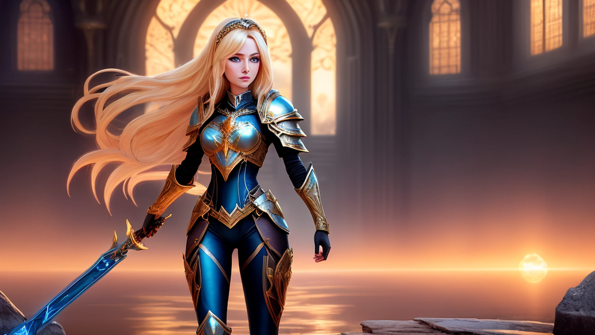 beautiful derailed face, sunset, a young gorgeous lux, luxanna crownguard, league of legends, ((full body)), 1girl, solo, blonde hair, blue eyes, blue pants, blue bodysuit, bodysuit, impossible bodysuit, brown hairband, hairband, long hair, long sleeves, breastplate, pauldrons, armor, gold trim, shoulder armor, masterpiece, 8k wallpaper, highres, high quality background, beautiful castle, (sun), (magic:1.2), angelic goddess, fantasy, electricity, brightness, hyper-detailed, realistic light, hard lighting, intricate details, stop motion, tonemapping, (illustration:1.1), (extremely detailed CG unity 8k wallpaper:1.1), (beautiful face:1.1)