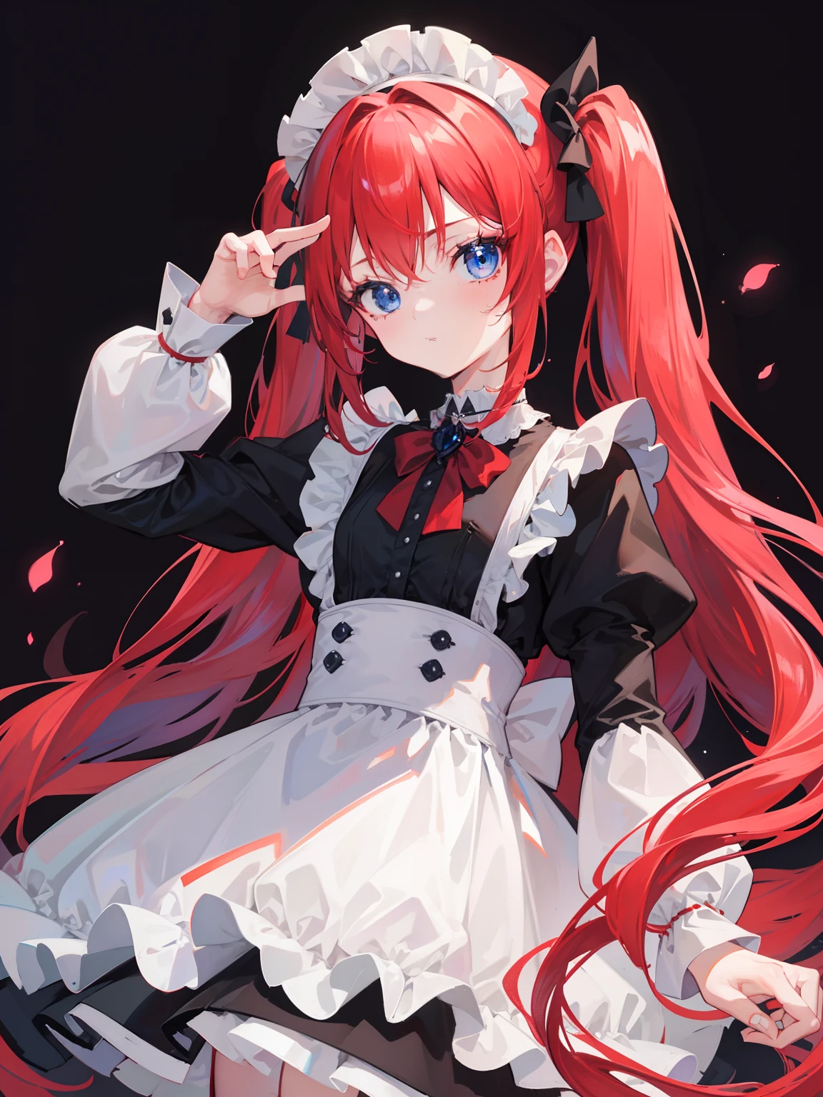 {{best quality}}, {{masterpiece}}, {{ultra-detailed}}, {illustration}, {detailed light}, red hair,blue eyes,twintails,maid, long hair, long sleeves, gothic, solo, loli,little girl,cute
