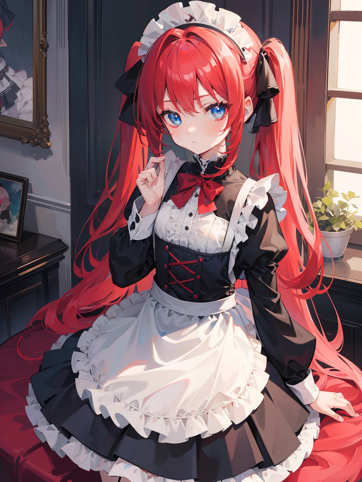 {{best quality}}, {{masterpiece}}, {{ultra-detailed}}, {illustration}, {detailed light}, red hair,blue eyes,twintails,maid, long hair, long sleeves, gothic, solo, loli,little girl,cute