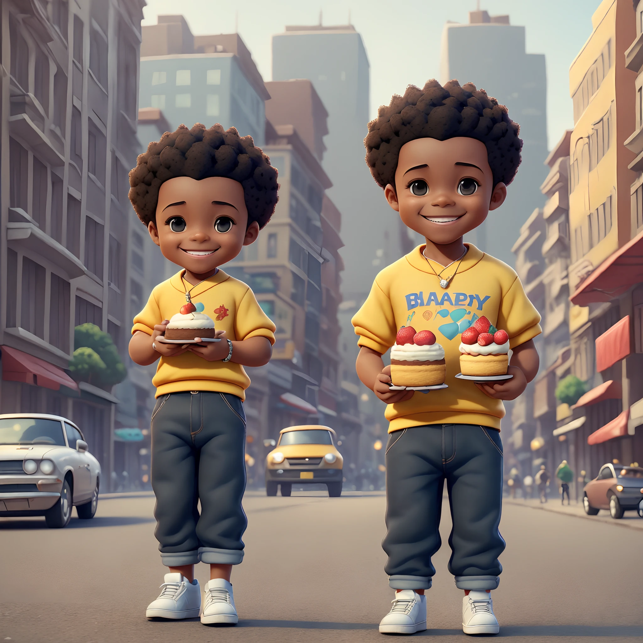 3D cartoon character holding a small cake on a city street, black boy, (detailed facial affections)(((baby))), movie art, clean shot, ghailan!, like a pixar character, handsome young man, afro hair, grace and blessing, (((cute smile))),rendered in unreal, movie promo image, rendered image