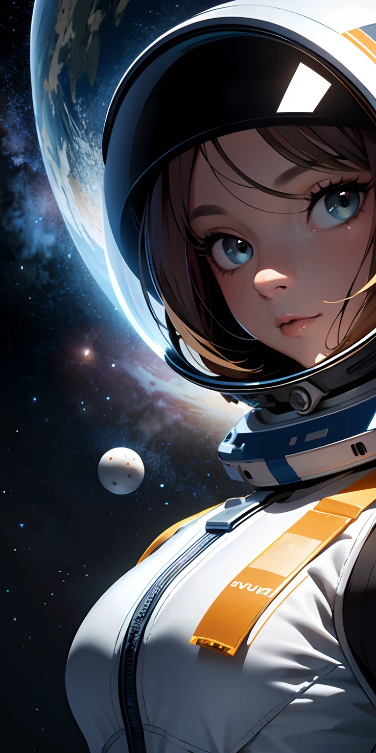 absurd res, high res, (masterpiece:1.4), ultra-detailed, close-up 1girl with spacesuit and helmet, from above, space, floating