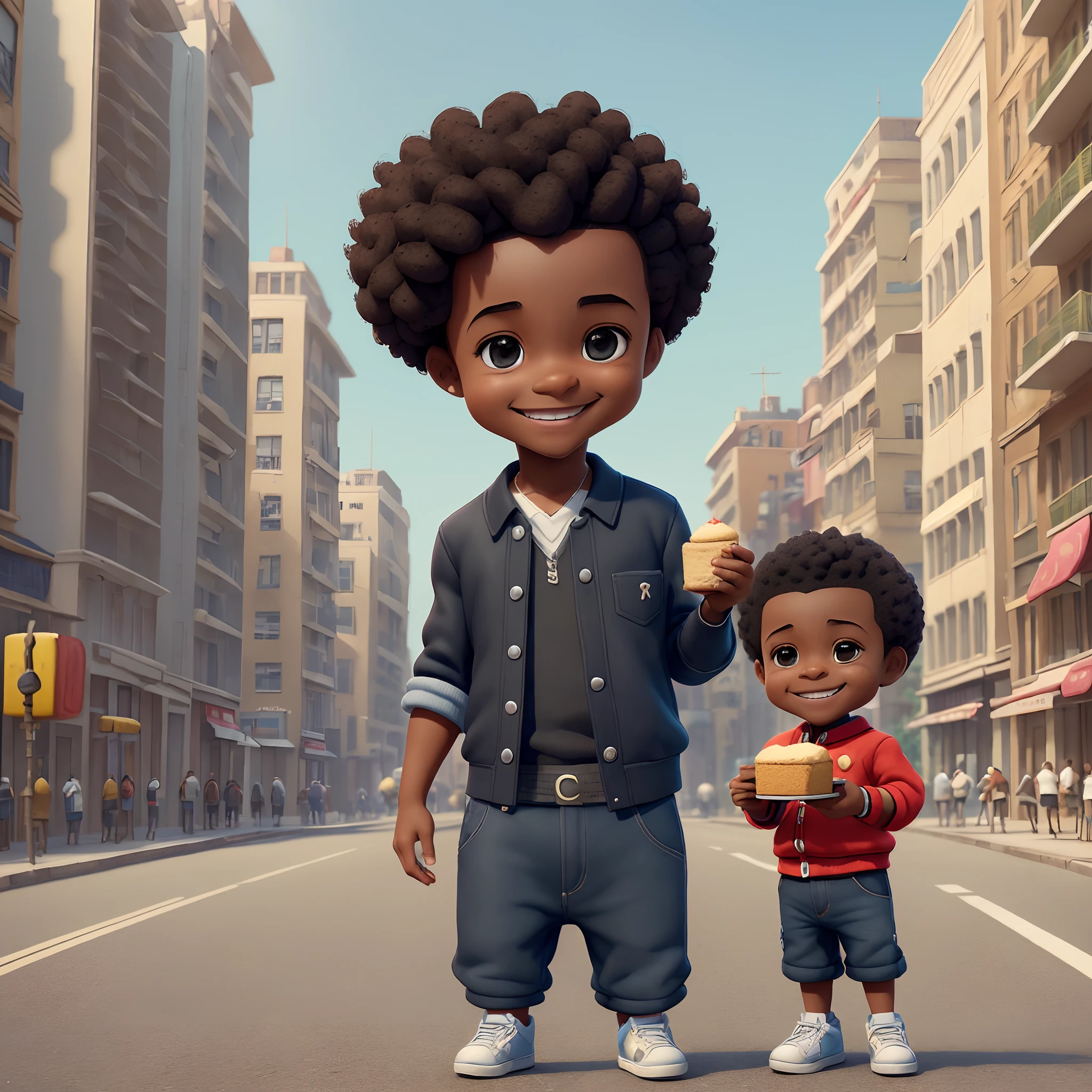 3D cartoon character holding a small cake on a city street, black boy, (detailed facial affections)((())), movie art, clean shot, ghailan!, like a pixar character, handsome young man, afro hair, grace and blessing, (((cute smile))),rendered in unreal, movie promo image, rendered image