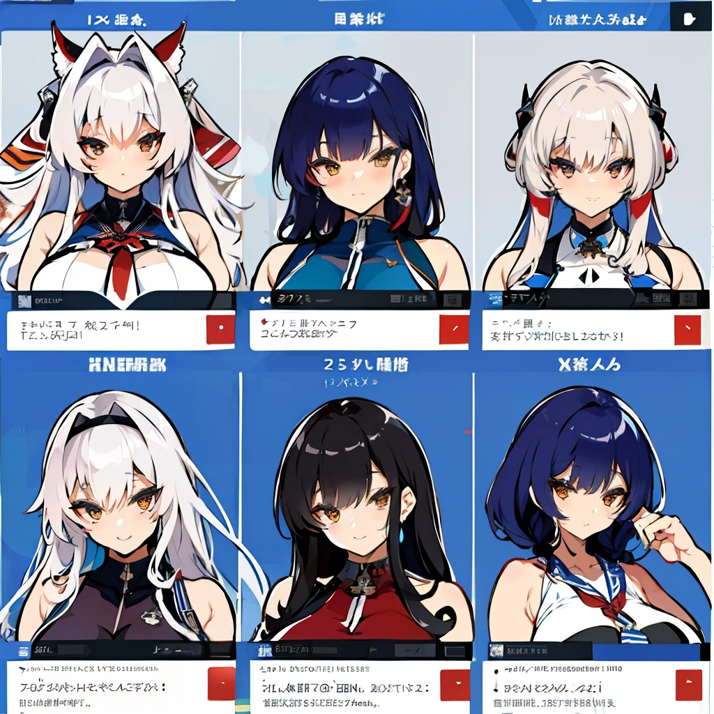 illustratio、(top-quality)、(((​masterpiece)))、(Hi-Res)、Original、(1womanl)、A sexy、Thick、Big body、Anime characters lined up in a row on the wall, characters from azur lane, Character selection screen, 8 k character details, full character, azur lane style, Overall character, Character Selection Portrait, Overall character!, full protrait, kantai collection arcade, lolish, Character Faces, Kantai Collection Style, 8K!!, hololive, no type