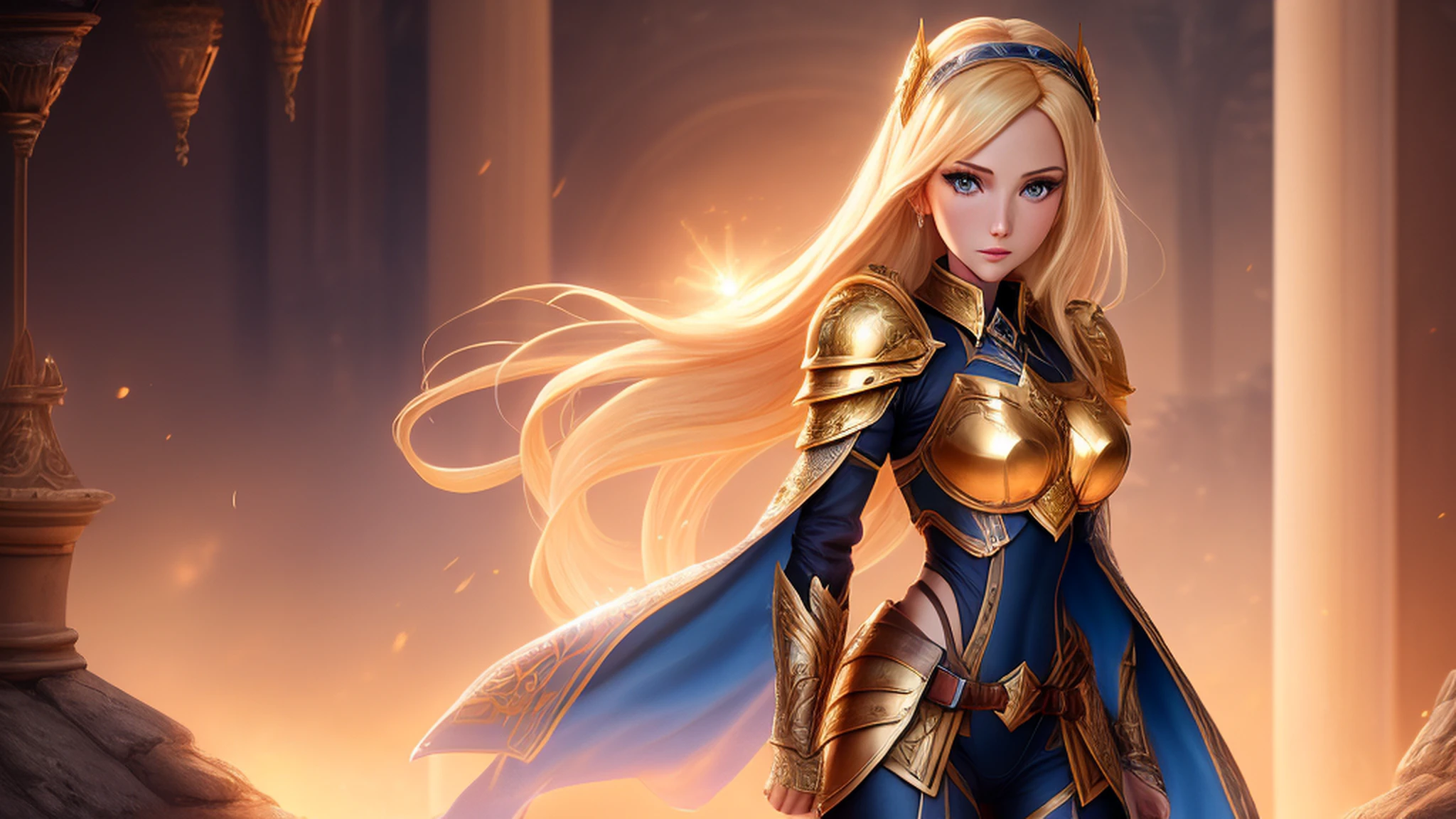 beautiful derailed face, sunset, a young gorgeous lux, luxanna crownguard, league of legends, ((full body)), 1girl, solo, blonde hair, blue eyes, blue pants, blue bodysuit, bodysuit, impossible bodysuit, brown hairband, hairband, long hair, long sleeves, breastplate, pauldrons, armor, gold trim, shoulder armor, masterpiece, 8k wallpaper, highres, high quality background, beautiful castle, (sun), (magic:1.2), angelic goddess, fantasy, electricity, brightness, hyper-detailed, realistic light, hard lighting, intricate details, stop motion, tonemapping, (illustration:1.1), (extremely detailed CG unity 8k wallpaper:1.1), (beautiful face:1.1)