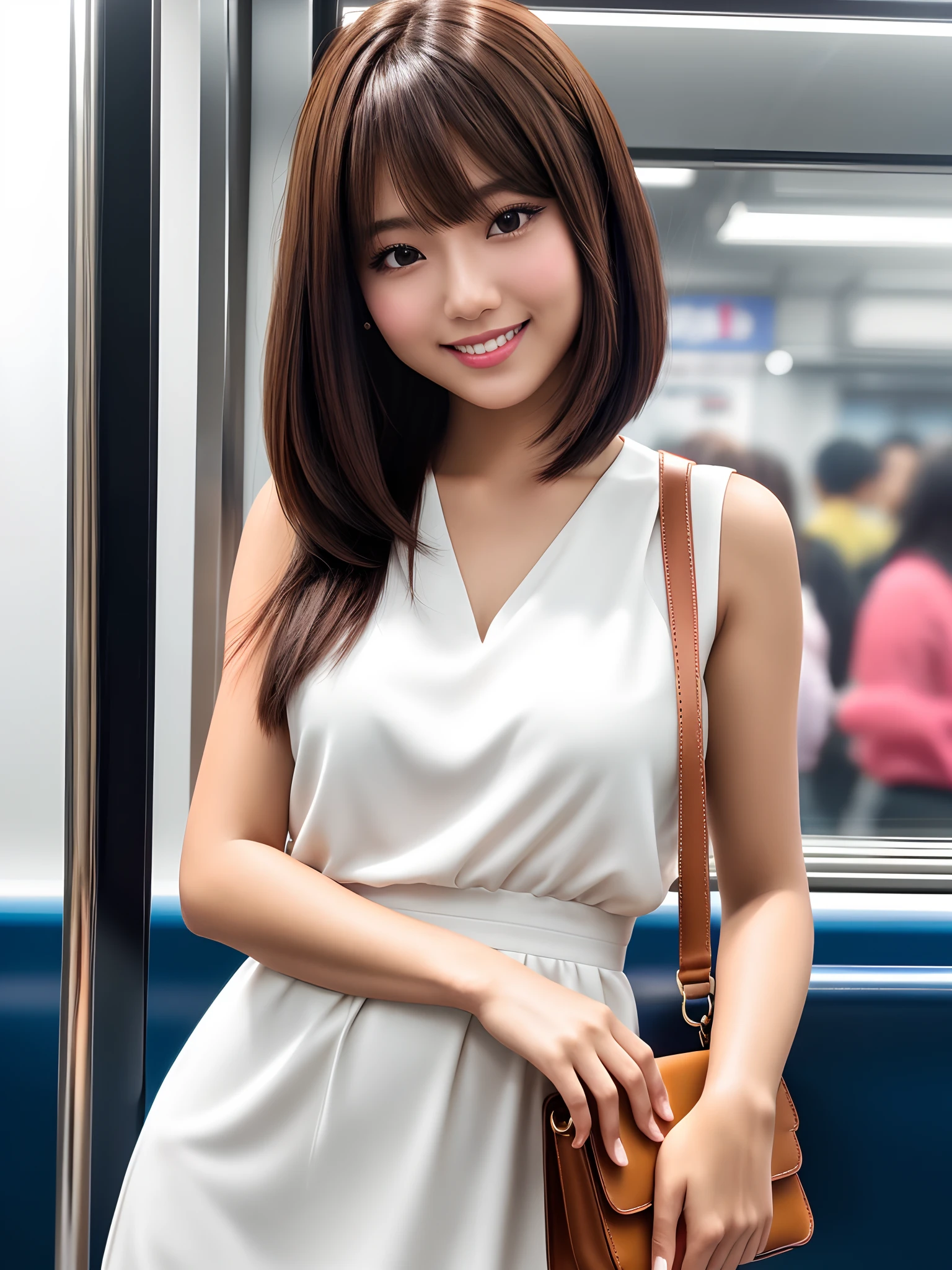 product quality, 1girl, face close up shot, front view, a Japanese young pretty girl, bob hair, standing on a crowded train with a big smile, in the evening, a shoulder bag, glamorous figure, busty, wearing a sleeveless white blouse with a collar, hyper cute face, glossy lips, double eyelids in both eyes, natural makeup, long eyelashes, shiny smooth light brown hair of bob hair, asymmetrical bangs, tanned skin, central image, high resolution, high detail, detailed hairstyle, detailed face, cinematic lighting, octane rendering, vibrant, hyper realistic, perfect limbs, perfect anatomy