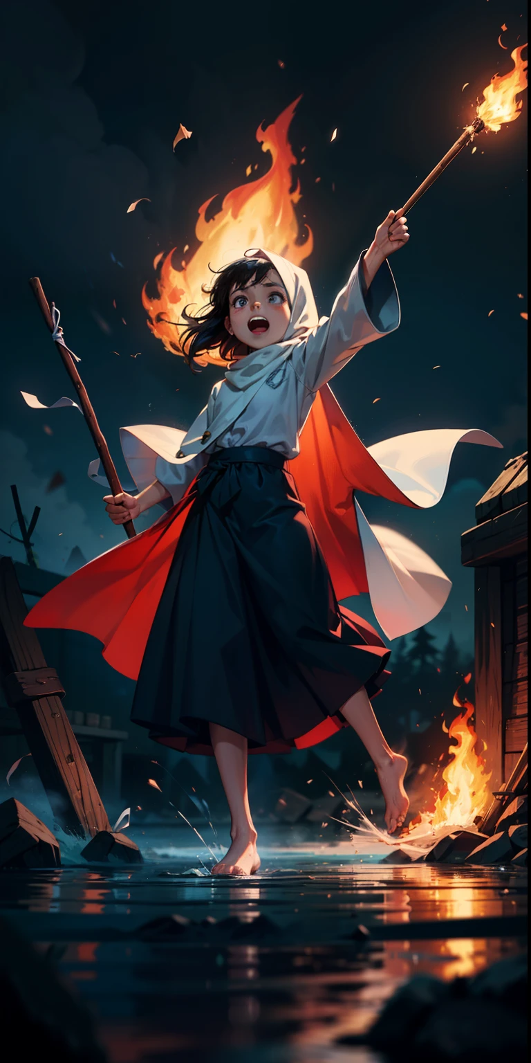 Dark Night, Levitate (floating) in sky, little Hijab girl (8 years old) , extremely heroic pose, raised hands, dramatic night, full body view, dark blue and white clothes, wearing a (loose fitting:1.3), (long oversize skirt, pant), long robes, happy screaming, hold a long big wooden stick fire, long red and white ribbon in background dynamic circles fire and water, Best quality details), 8K UHD