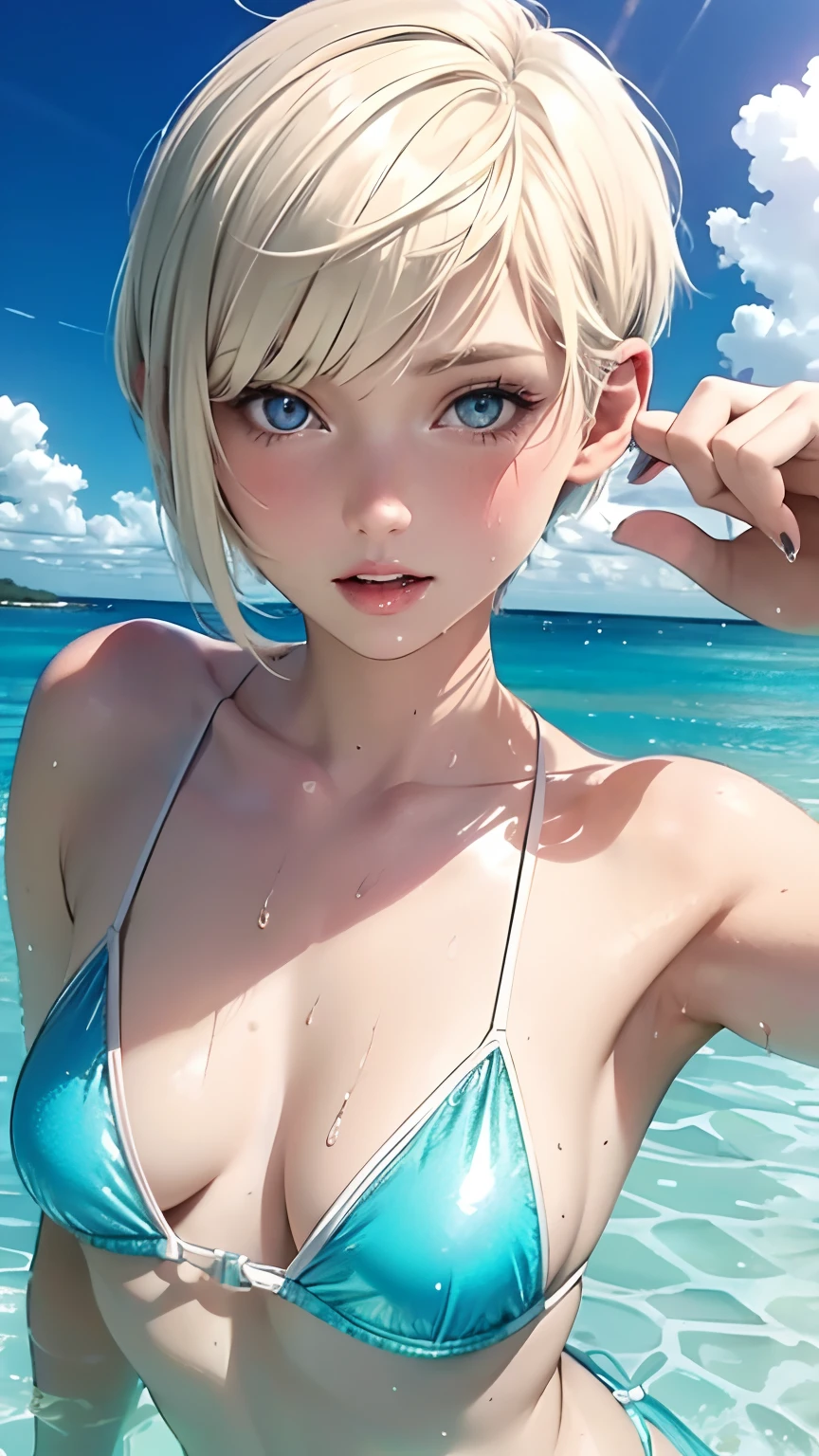 Transparent, wet, gradient, sexy swimsuit, 1girl, sfw, white swedish blonde woman with blue eyes and short hair, (((pixie cut))), devil_smile, azure eyes, posing for a picture, large eyes, beautiful blonde girl, gorgeous young model, beautiful female model, armpits,
portlate