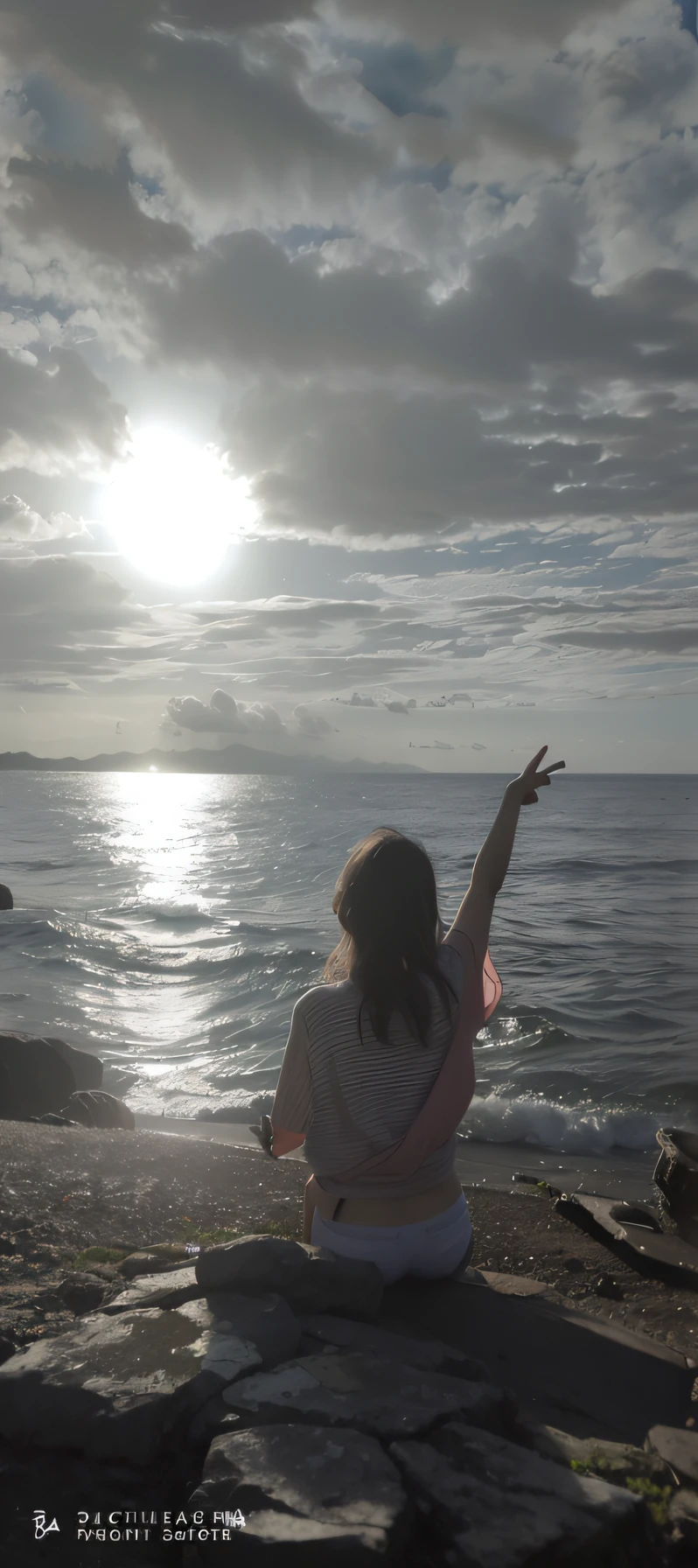 there is a woman sitting on a rock by the water, With sunset, pointing to heaven, praise the sun, with backdrop of god rays, with a sunset, rising from the ocean, Sunset!!!, High-quality footage, at beach at sunset, the ocean in the background, Have by the sea, On the ocean, rising from the ocean, peace, In a sea,quadratic element,photorealestic
