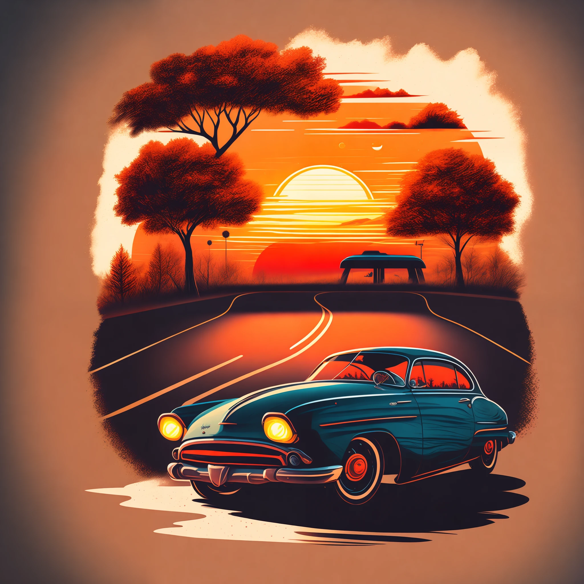 T-shirt design,Hand drawn illustrations, Nostalgic sports cars on the road,Sunset,shadow of the tree,Add characters" Keep going"