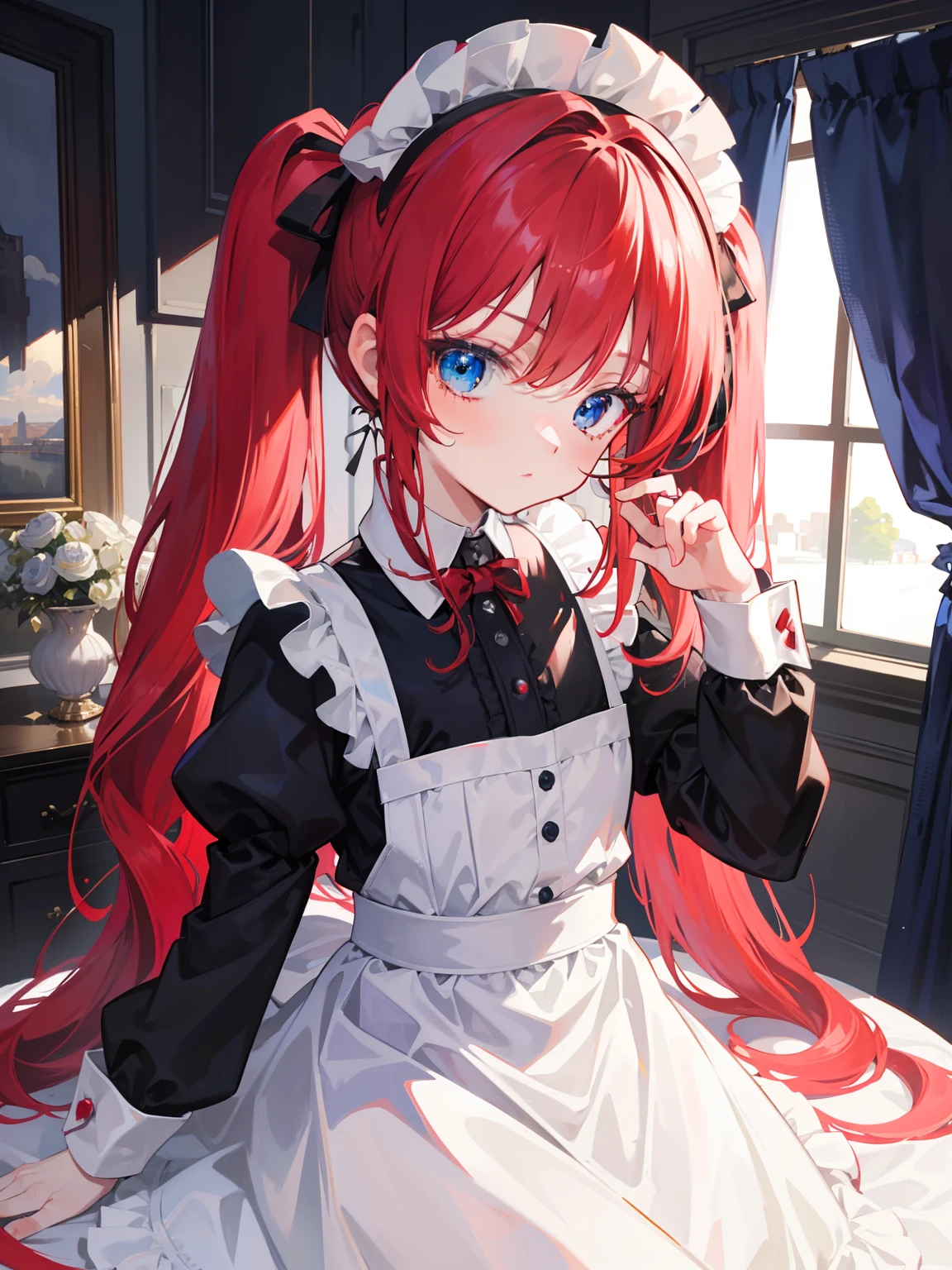 {{best quality}}, {{masterpiece}}, {{ultra-detailed}}, {illustration}, {detailed light}, red hair,blue eyes,twintails,maid, long hair, long sleeves, gothic, solo, li,liirl,cute